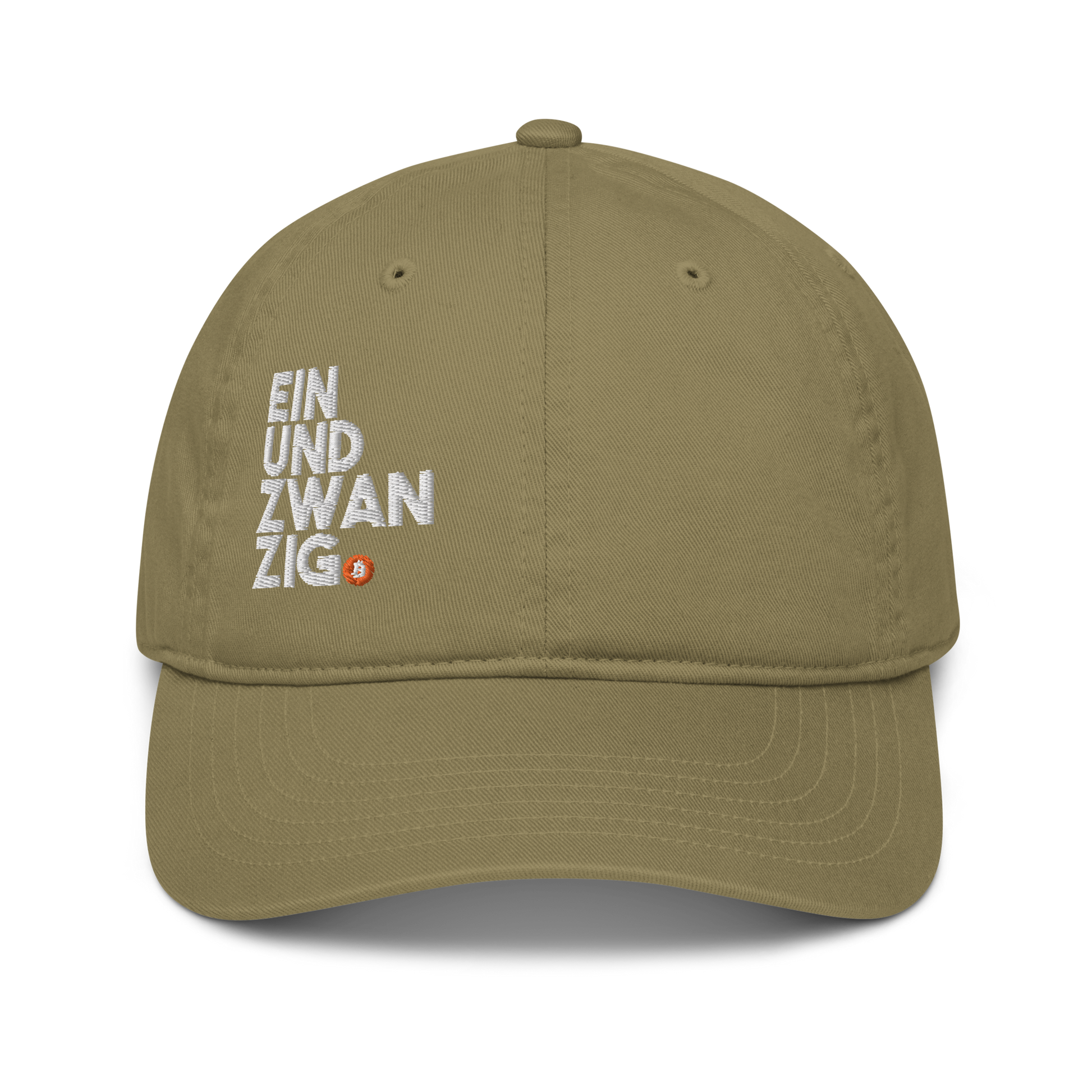Front view of a jungle colored bitcoin dad hat.