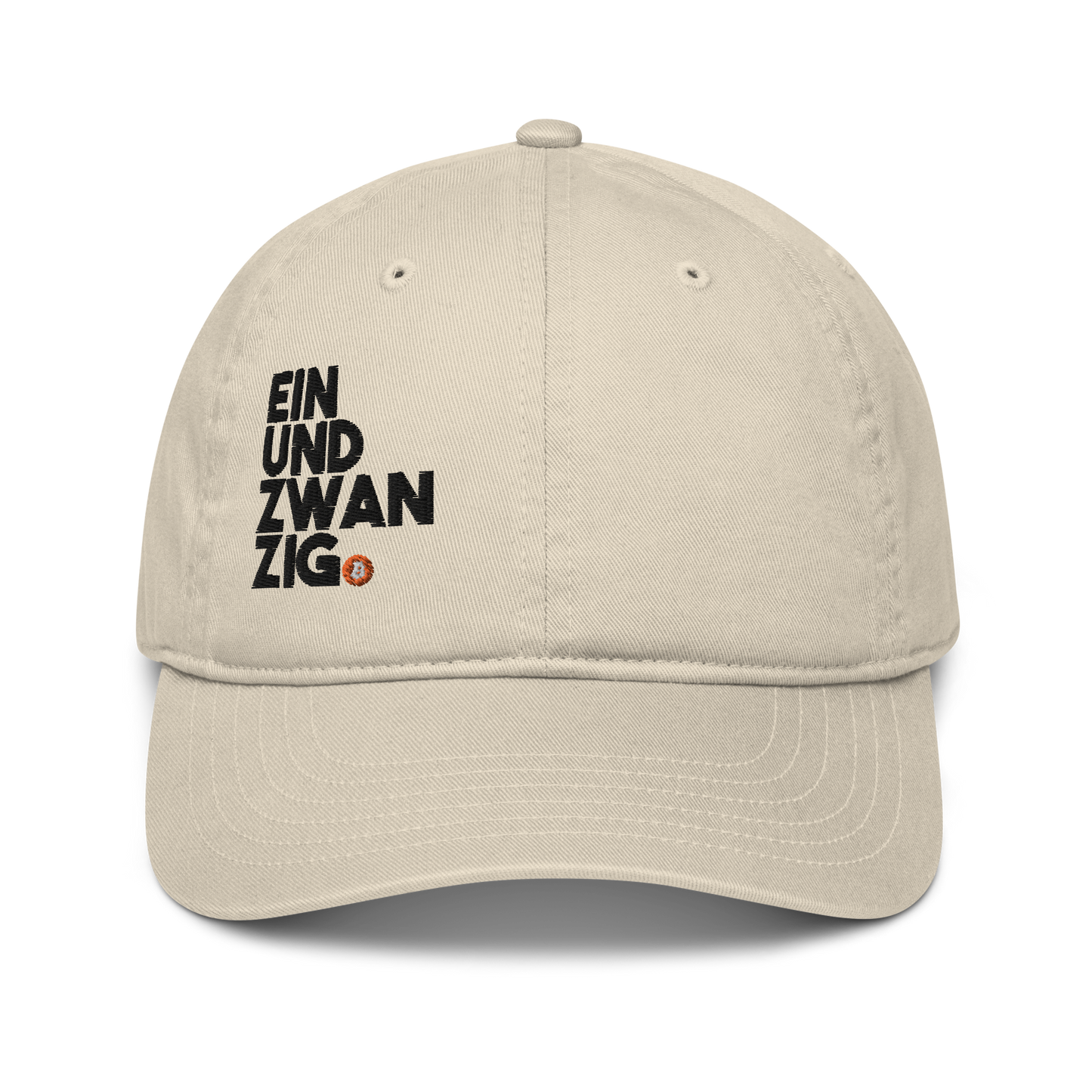 Front view of a oyster colored bitcoin dad hat.