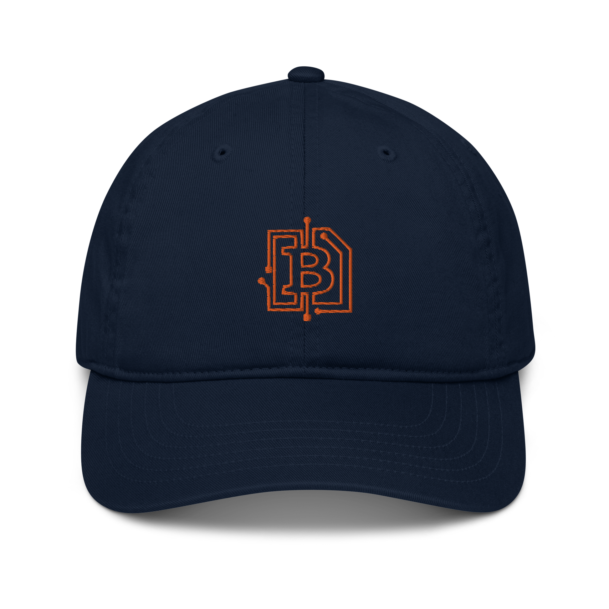 Front view of a pacific blue bitcoin dad hat.