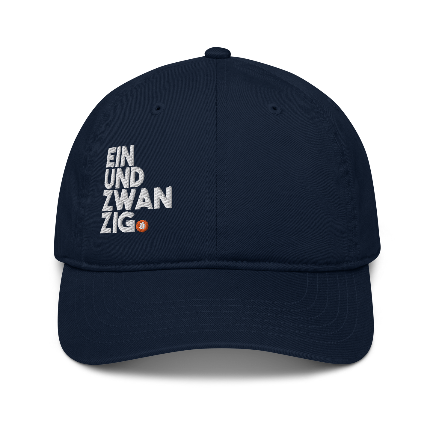 Front view of a pacific blue bitcoin dad hat.