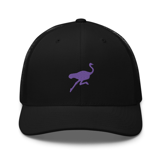 Front view of a black bitcoin trucker cap.