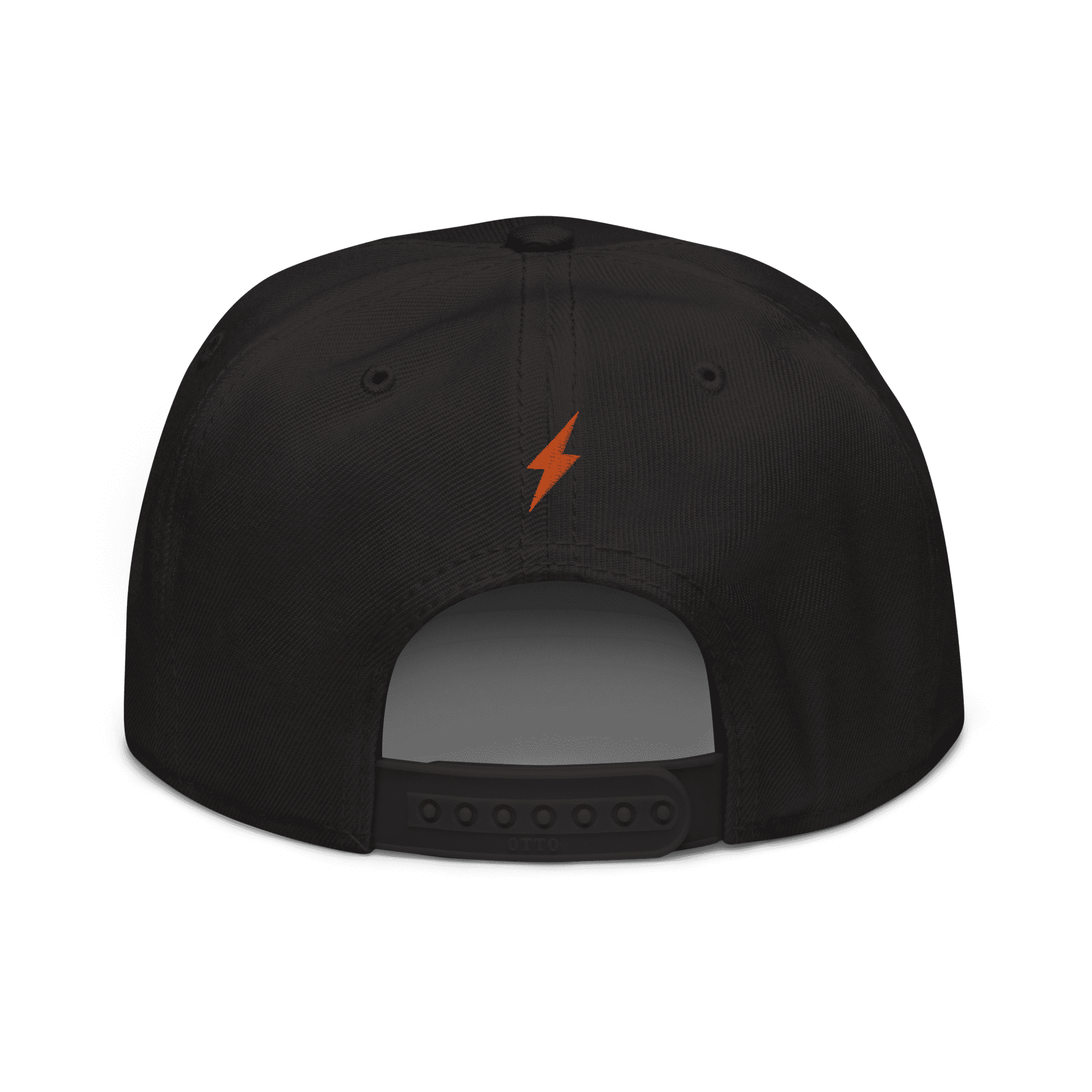 Back view of a black bitcoin snapback hat.