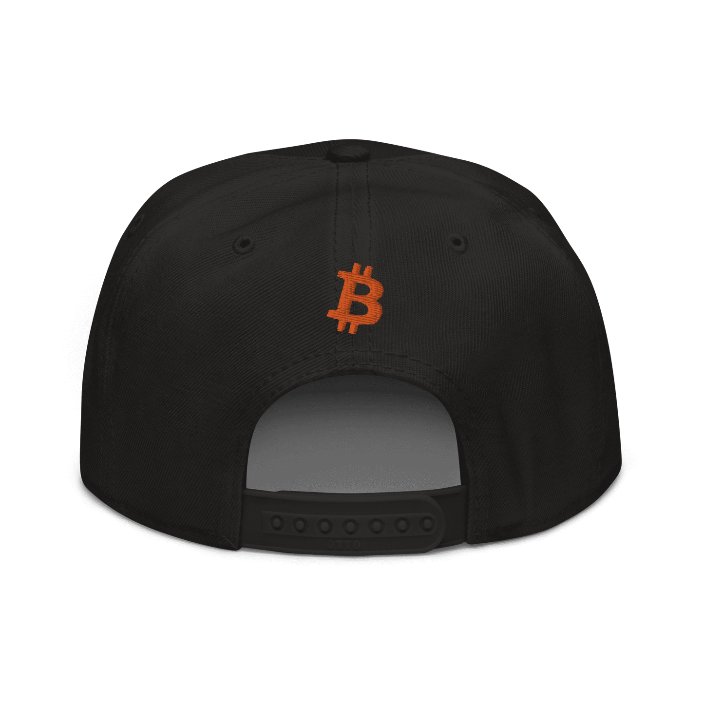 Back view of a black bitcoin snapback hat.