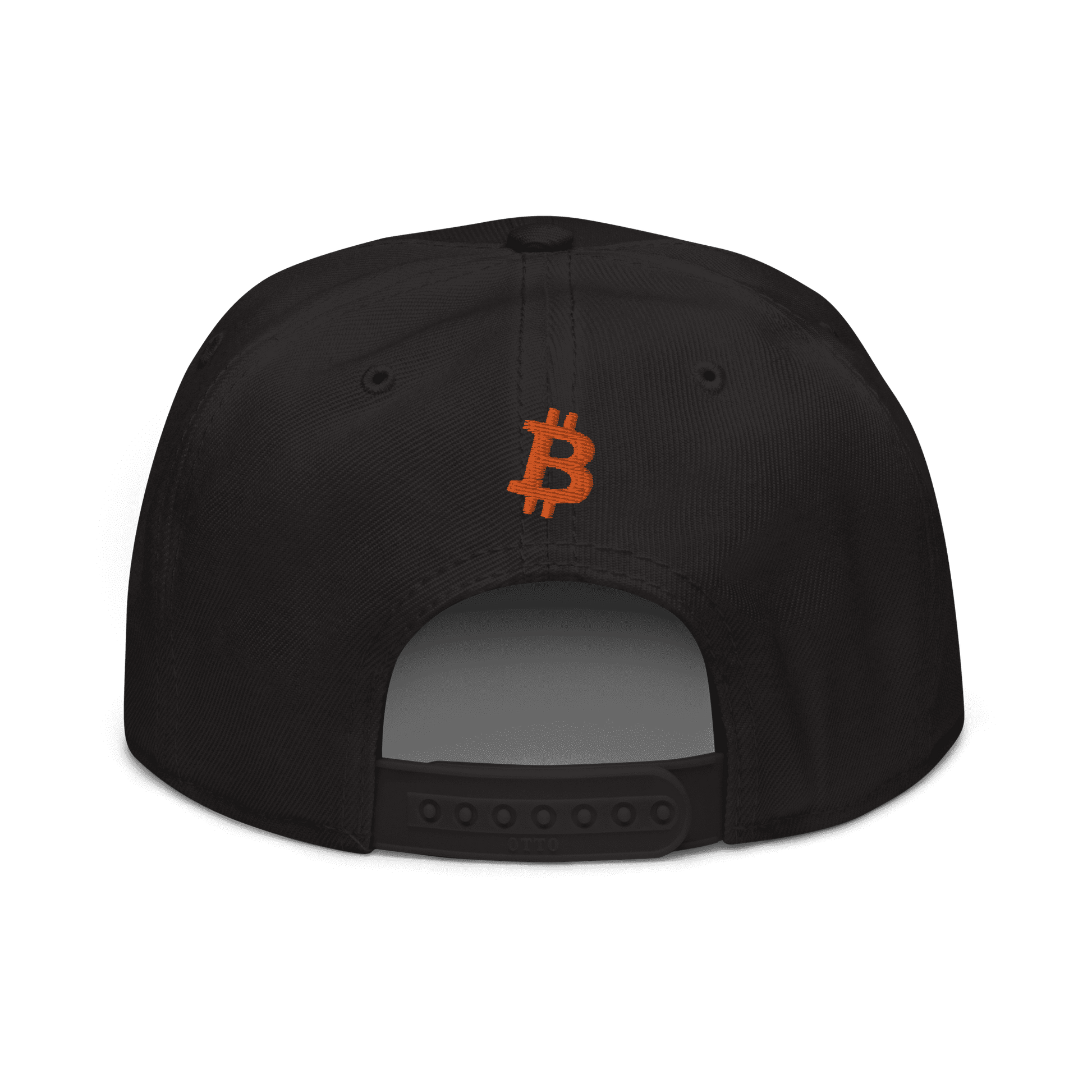 Back view of a black bitcoin snapback hat.