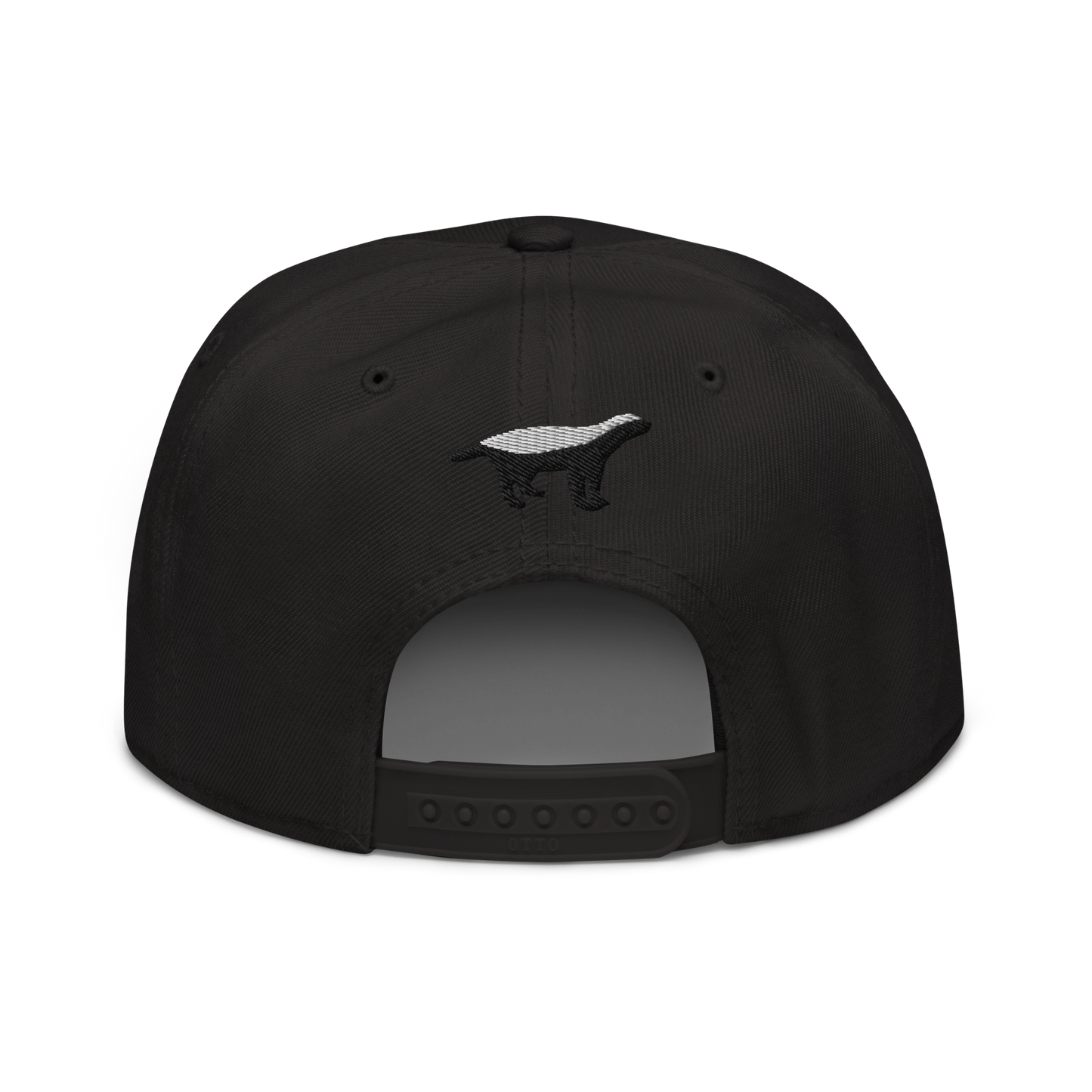 Back view of a black bitcoin snapback hat.
