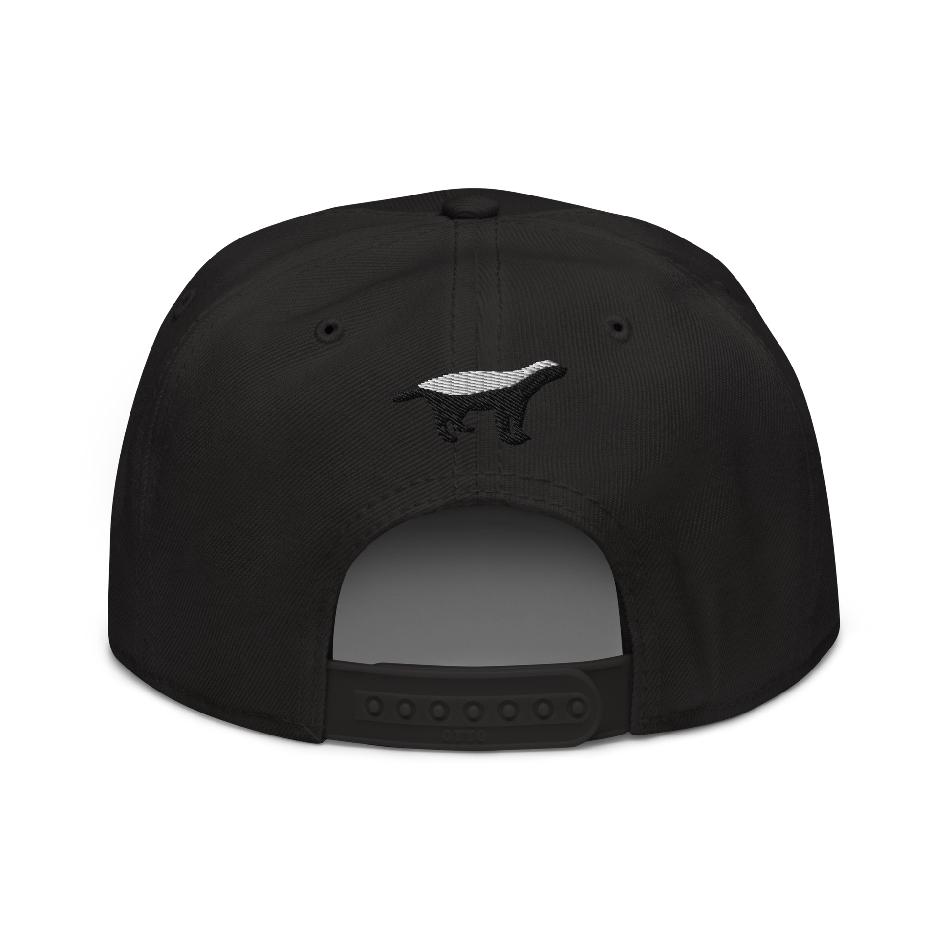 Back view of a black bitcoin snapback hat.