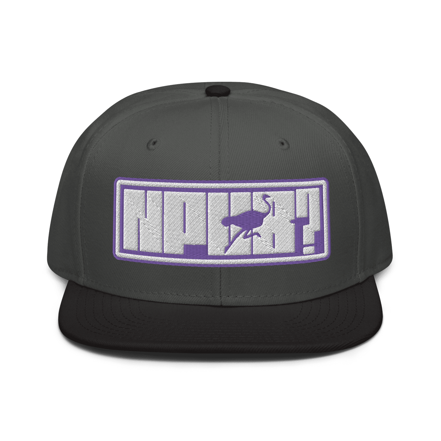 Front view of a charcoal grey and black nostr snapback hat.