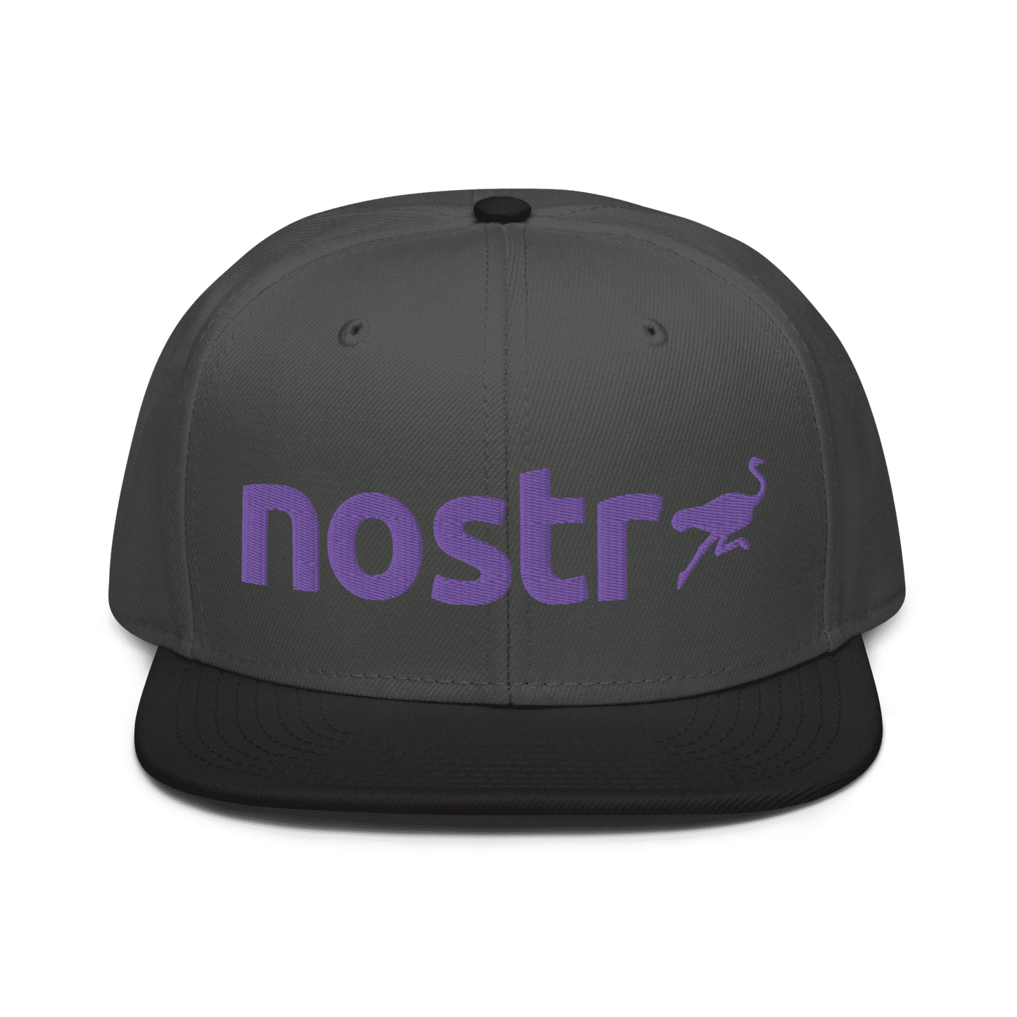 Front view of a charcoal grey and black nostr snapback hat.