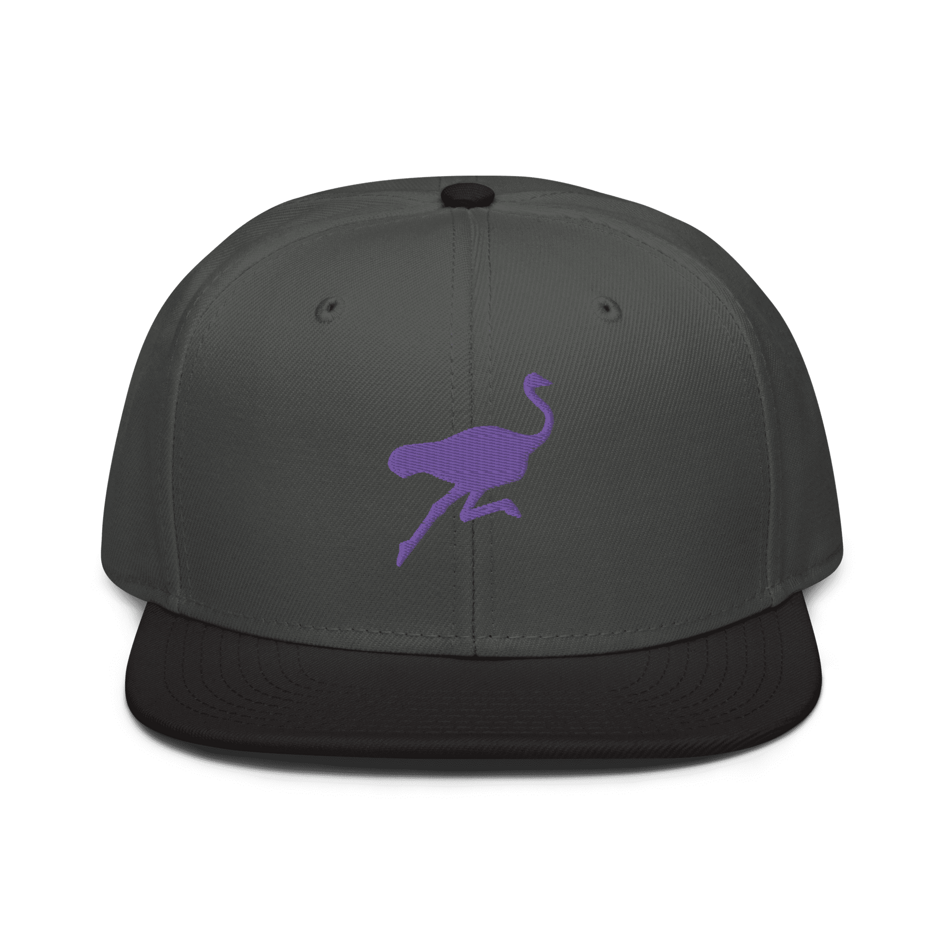 Front view of a charcoal grey and black nostr snapback hat.