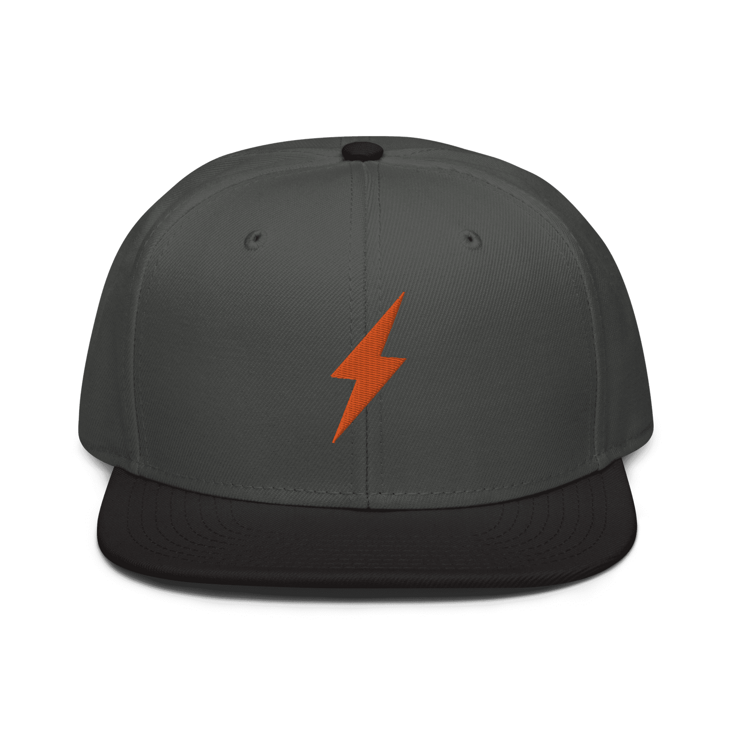 Front view of a charcoal grey and black bitcoin snapback hat.