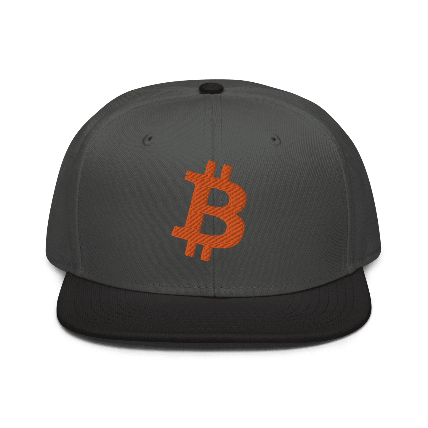 Front view of a charcoal grey and black bitcoin snapback hat.