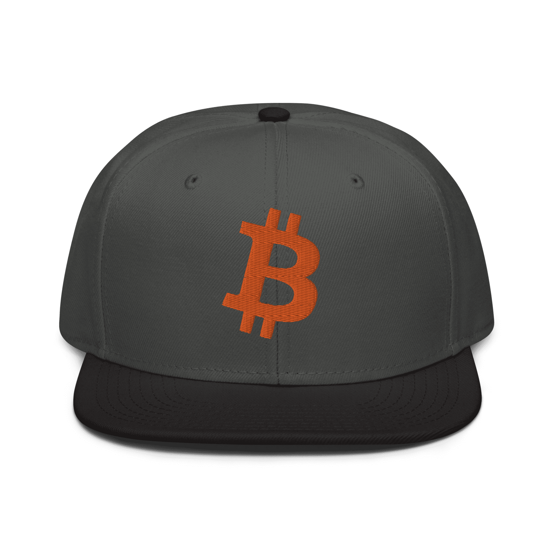 Front view of a charcoal grey and black bitcoin snapback hat.