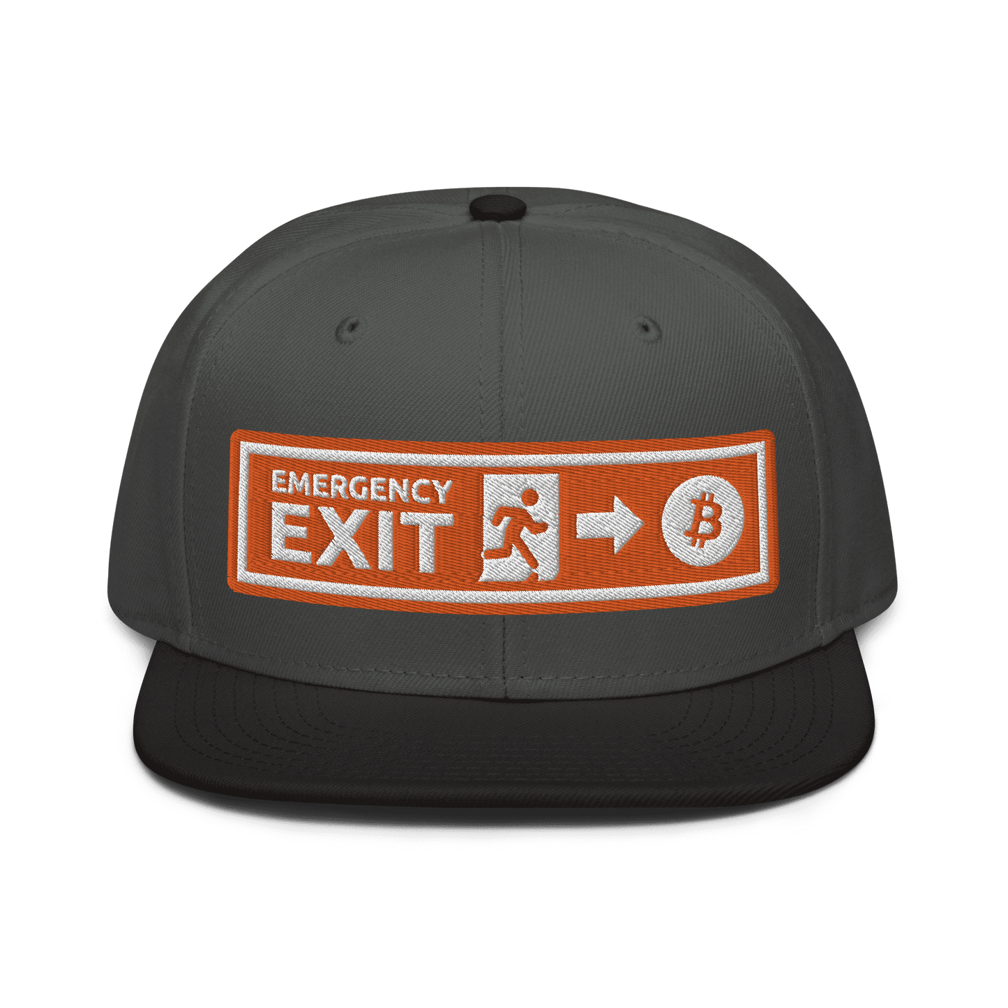 Front view of a charcoal grey and black bitcoin snapback hat.