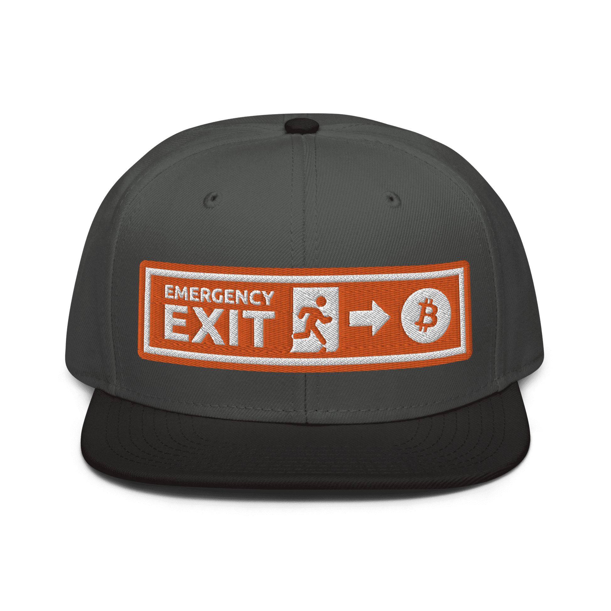 Front view of a charcoal grey and black bitcoin snapback hat.