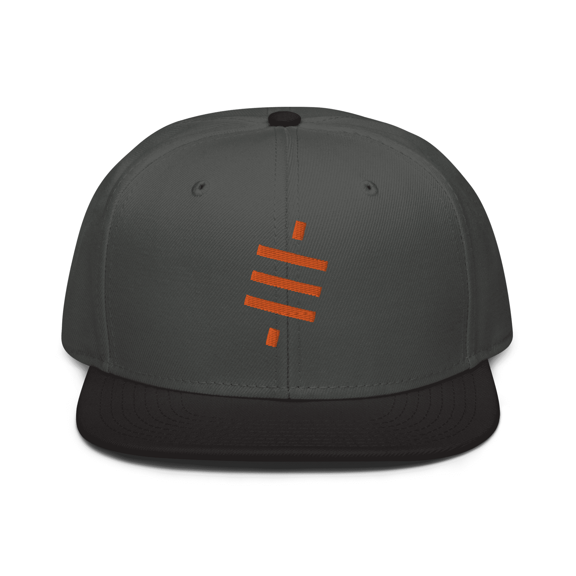 Front view of a charcoal grey and black bitcoin snapback hat.