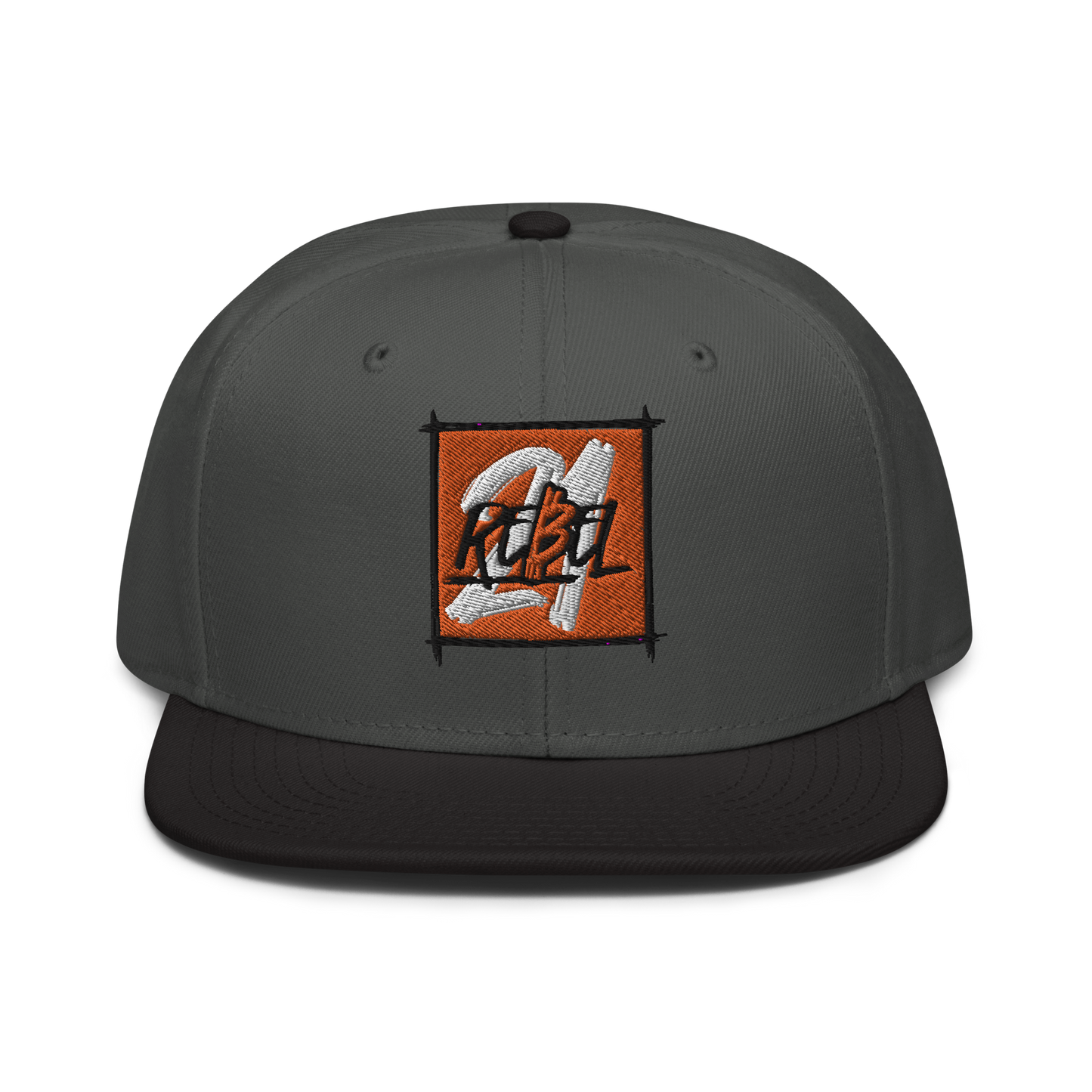 Front view of a charcoal grey and black bitcoin snapback hat.