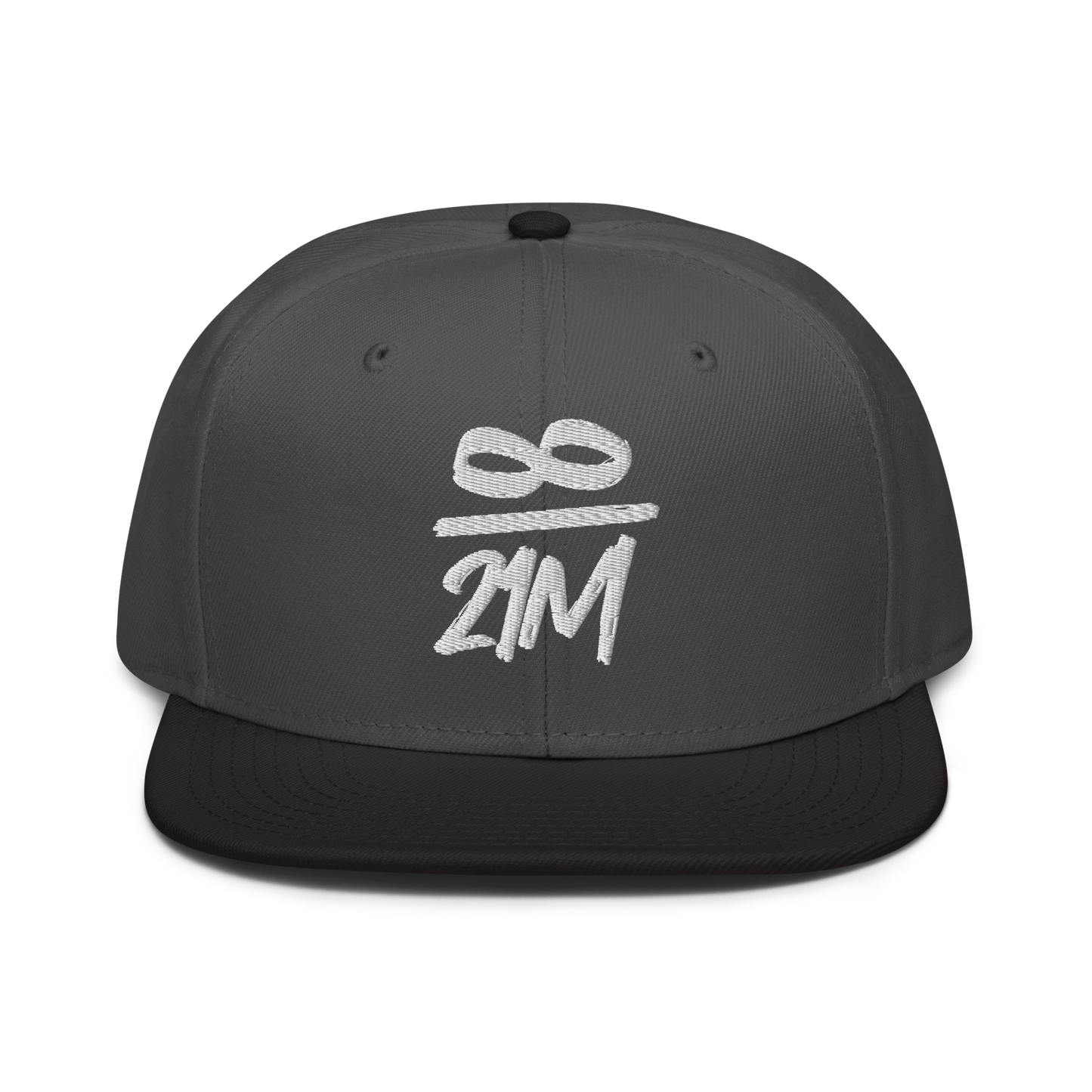 Front view of a charcoal grey and black bitcoin snapback hat.