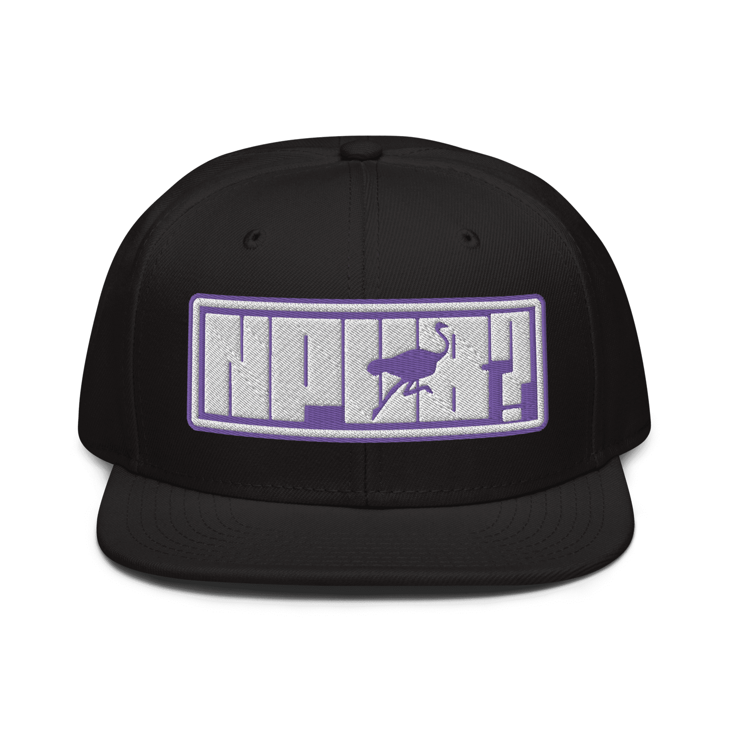 Front view of a black nostr snapback hat.