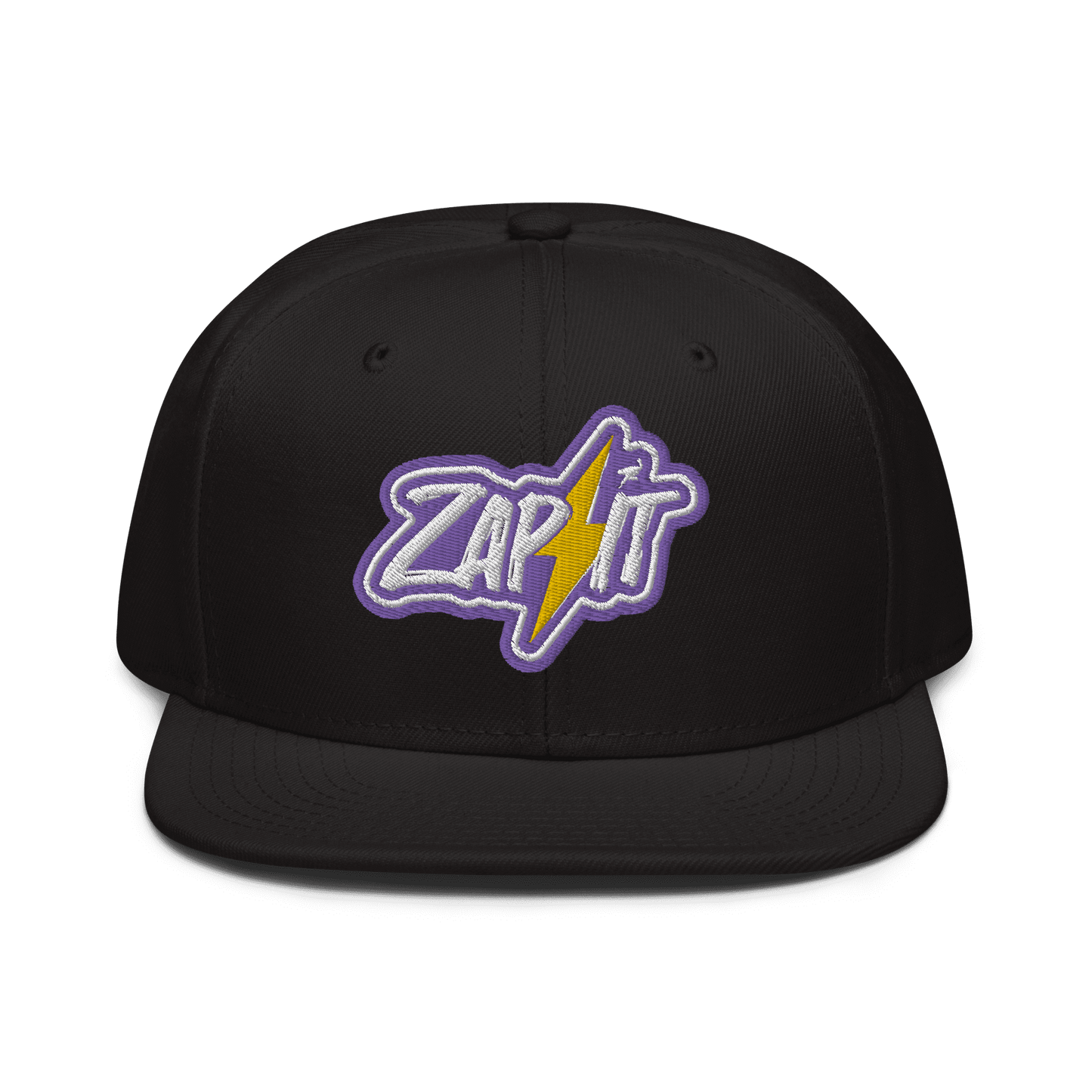 Front view of a black nostr snapback hat.