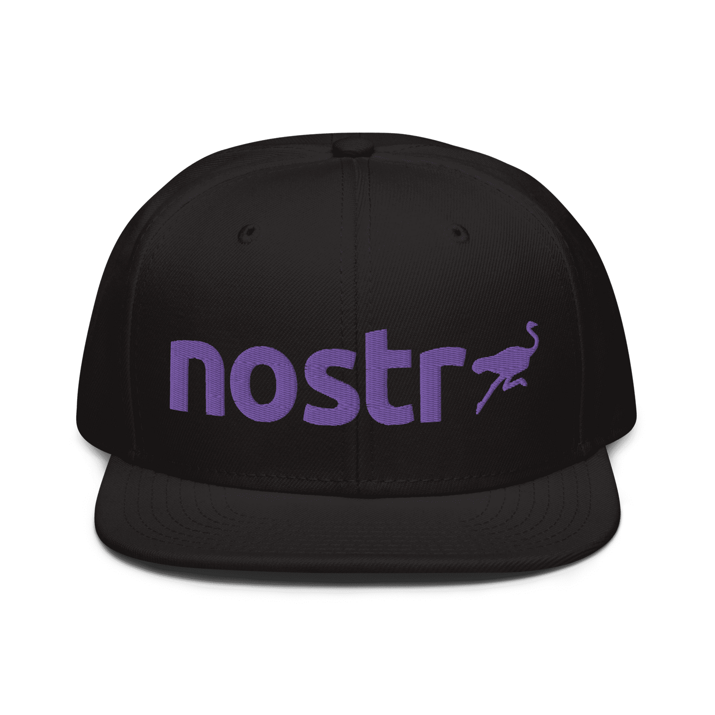 Front view of a black nostr snapback hat.