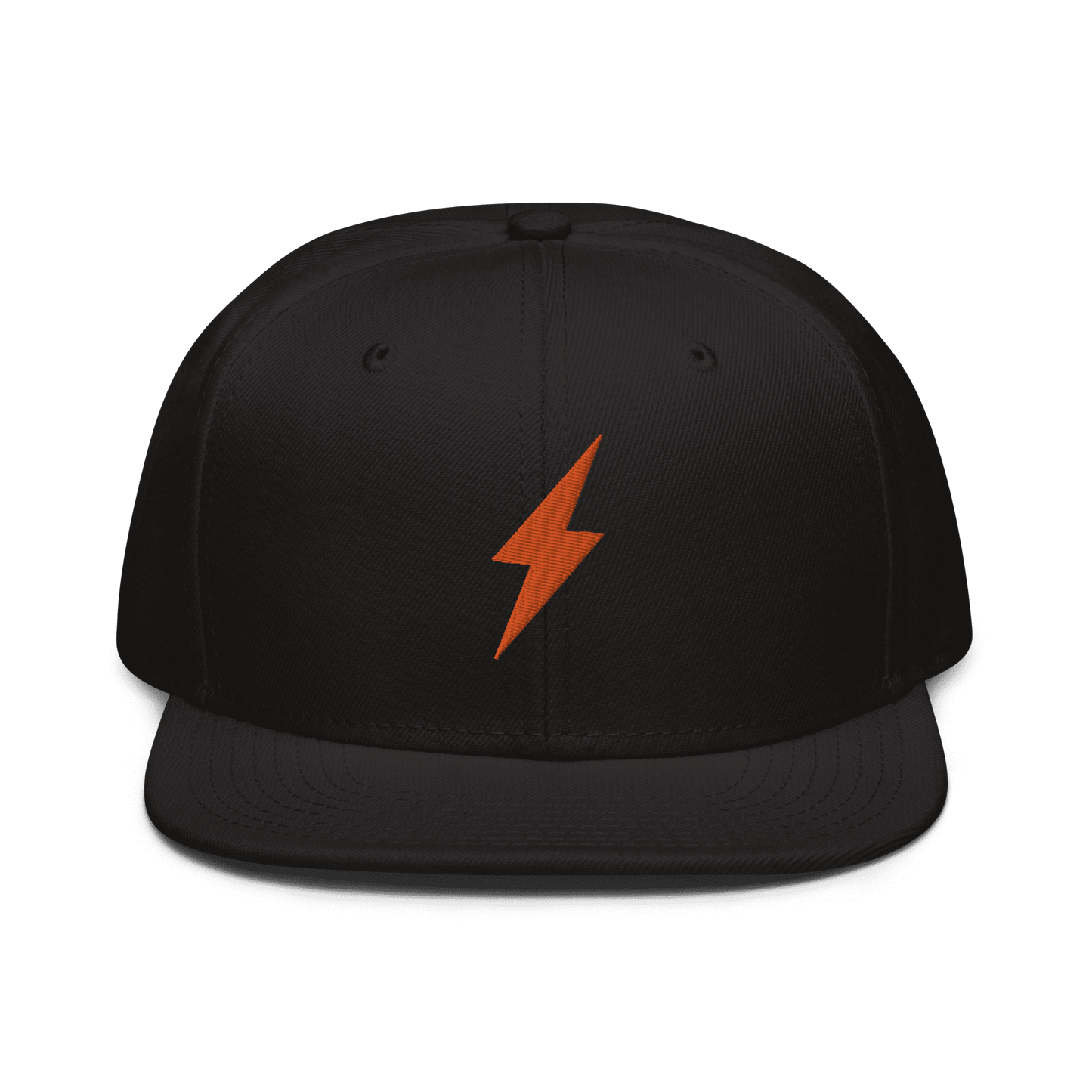 Front view of a black bitcoin snapback hat.