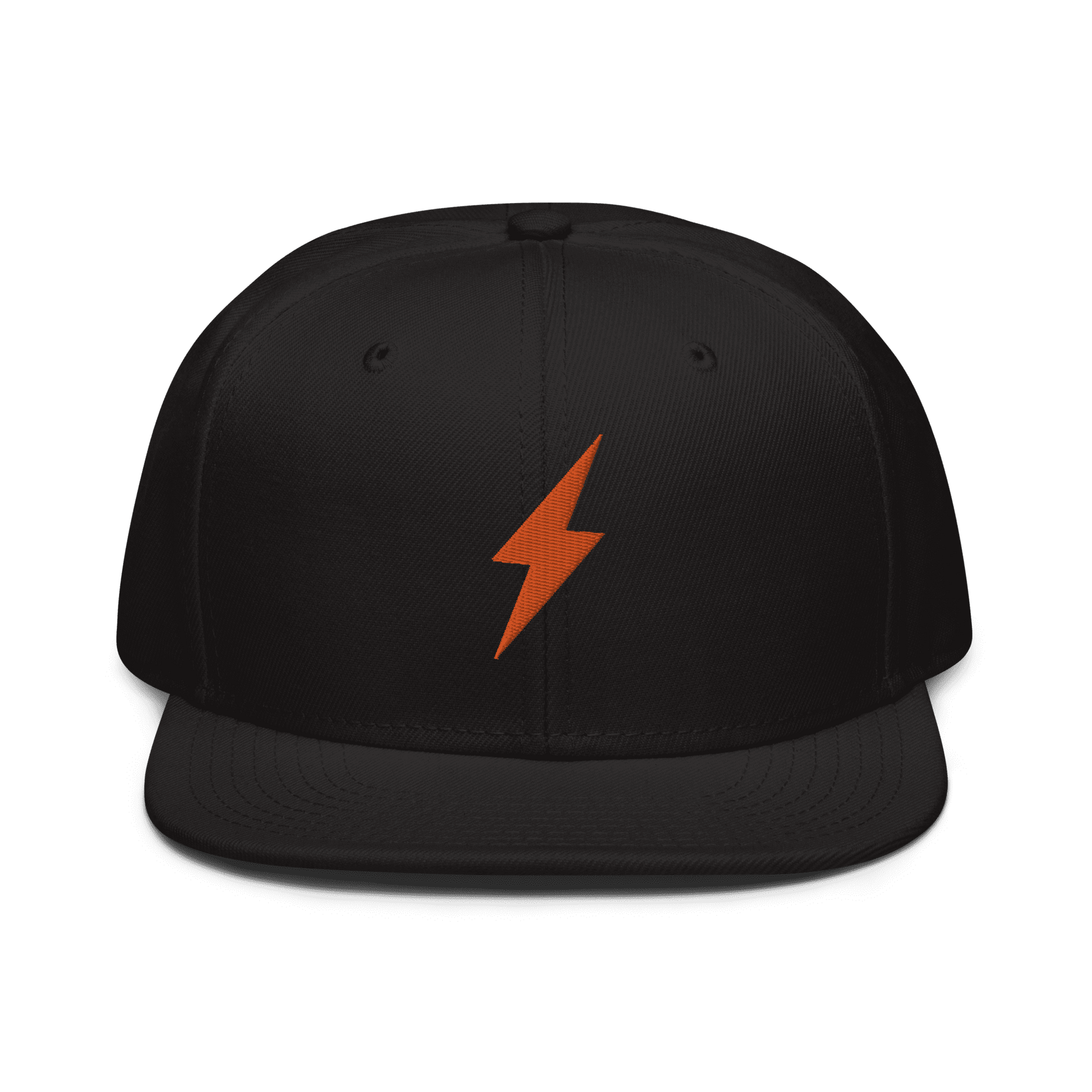 Front view of a black bitcoin snapback hat.