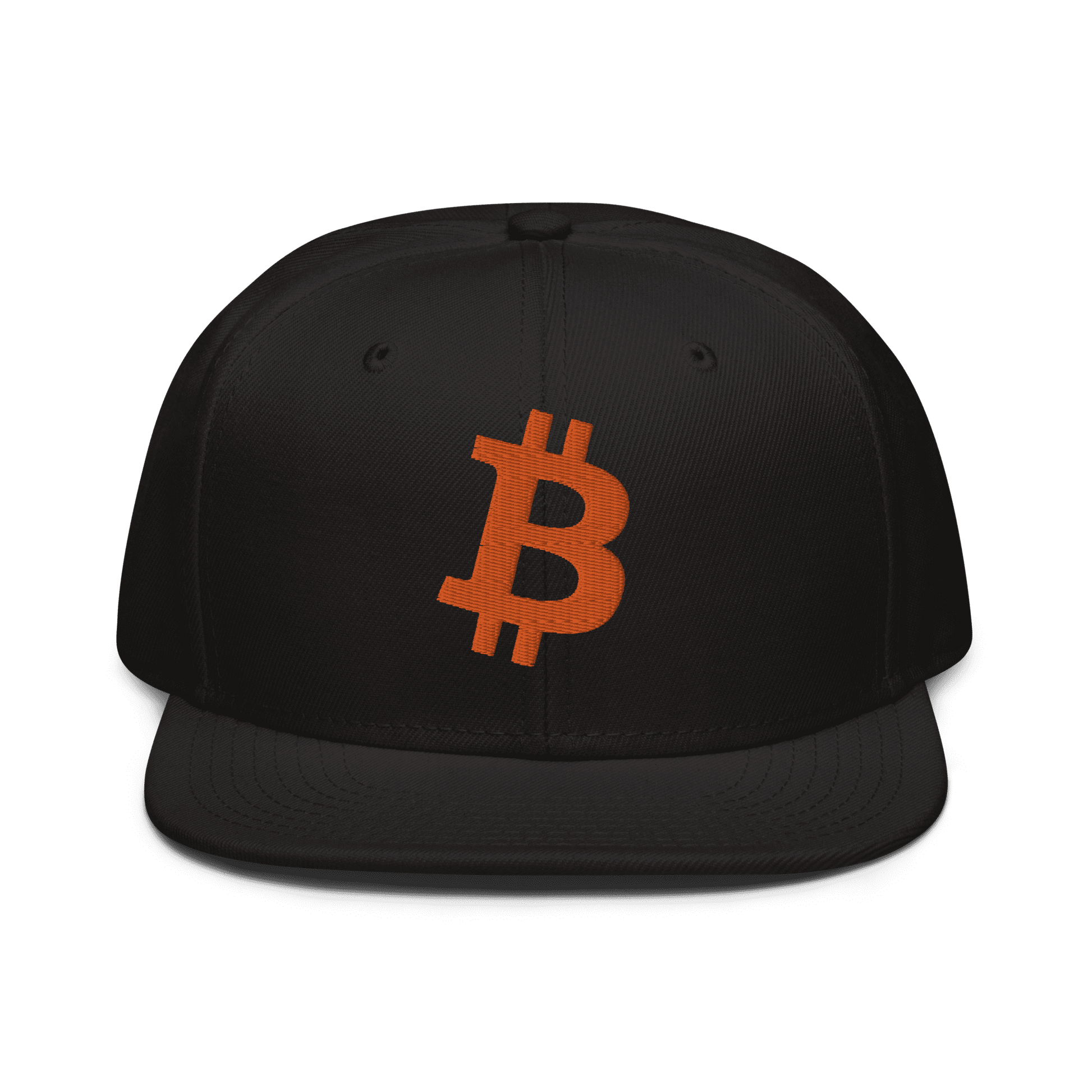 Front view of a black bitcoin snapback hat.
