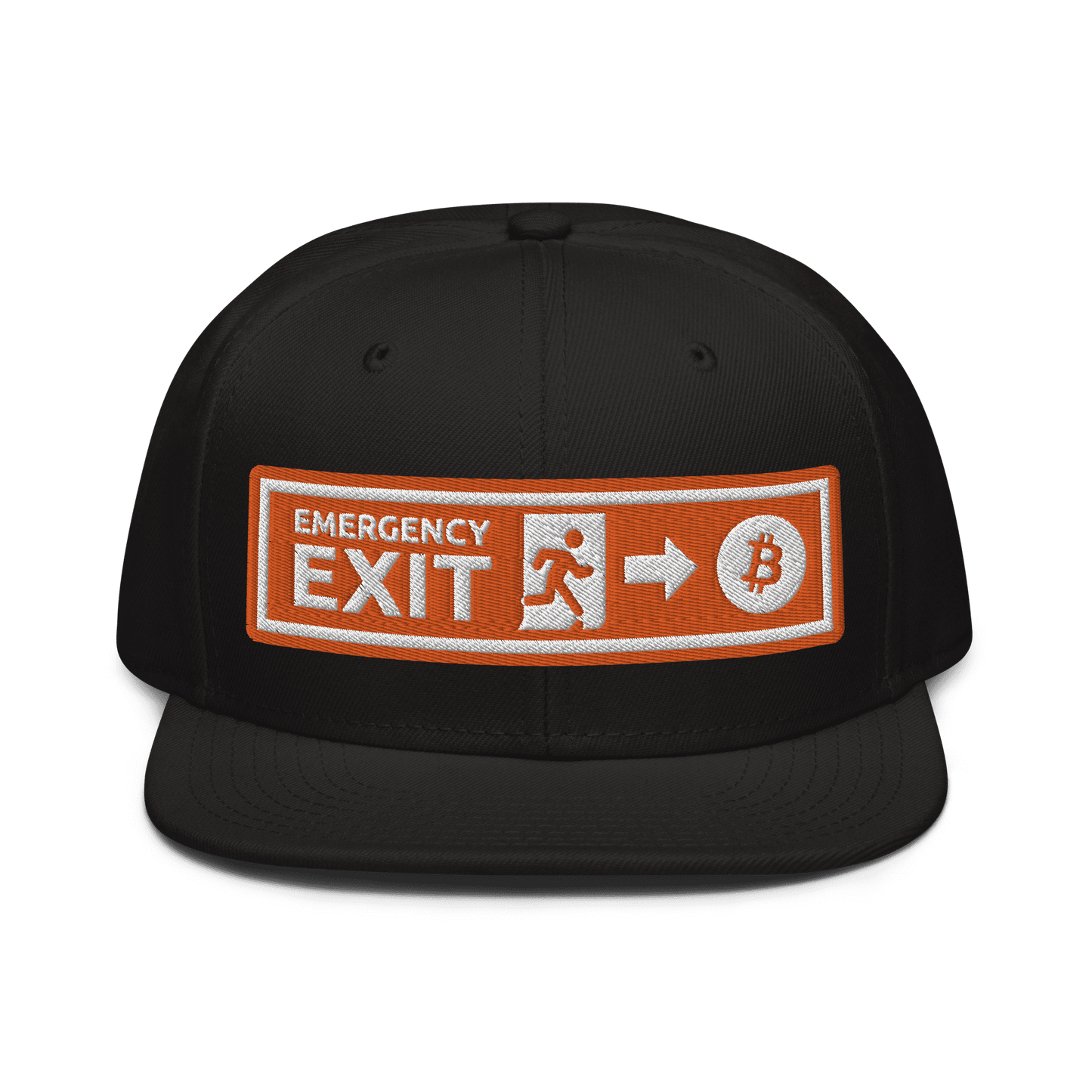 Front view of a black bitcoin snapback hat.