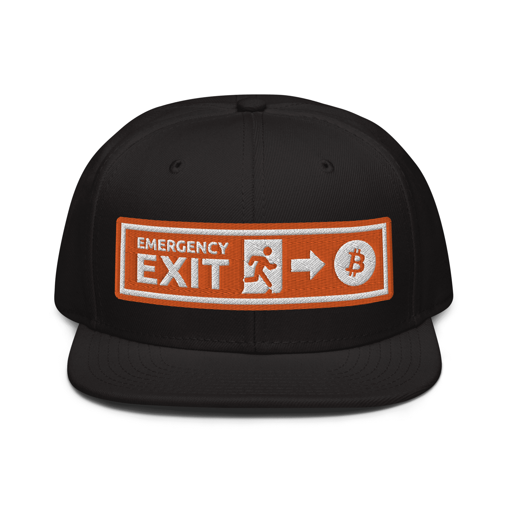 Front view of a black bitcoin snapback hat.