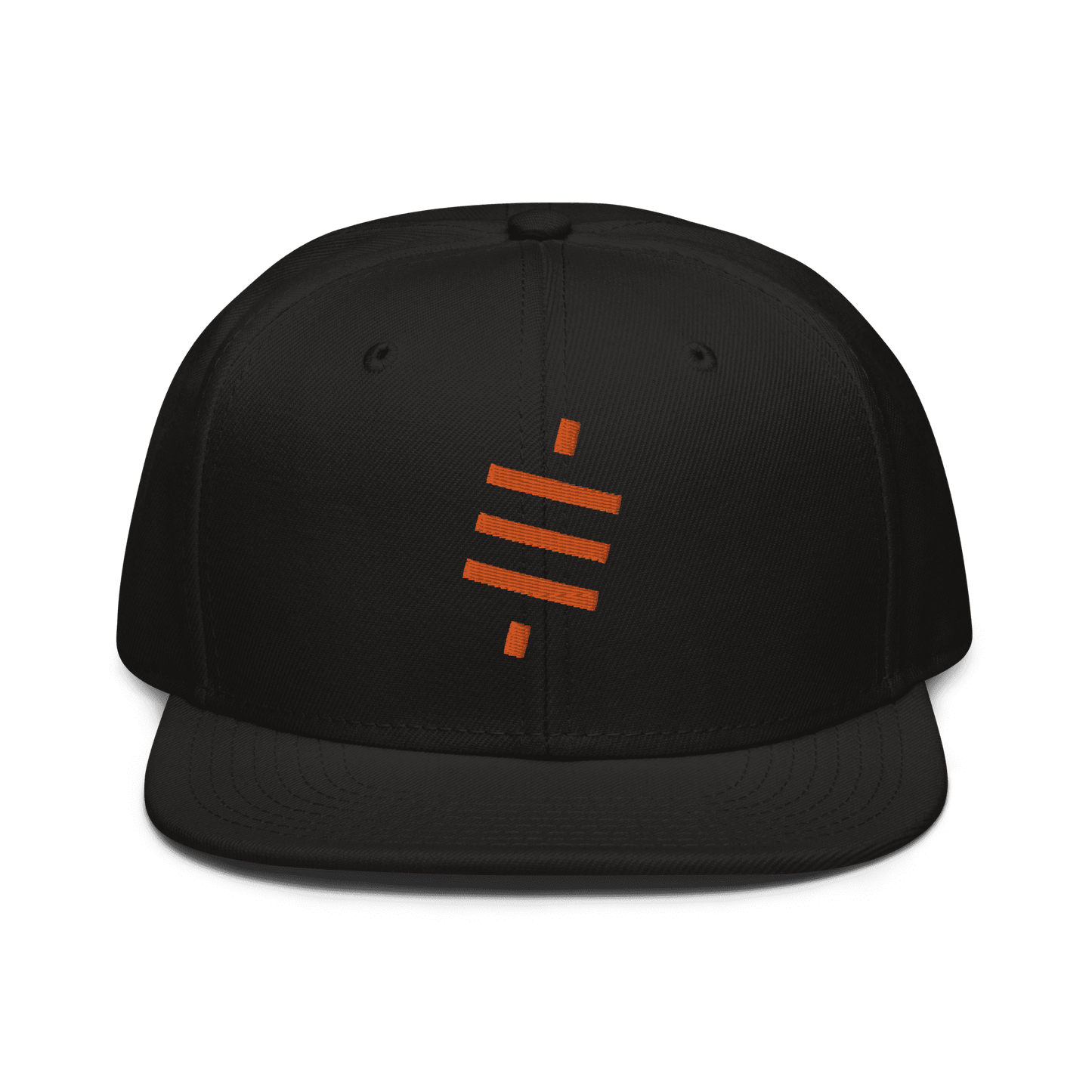 Front view of a black bitcoin snapback hat.