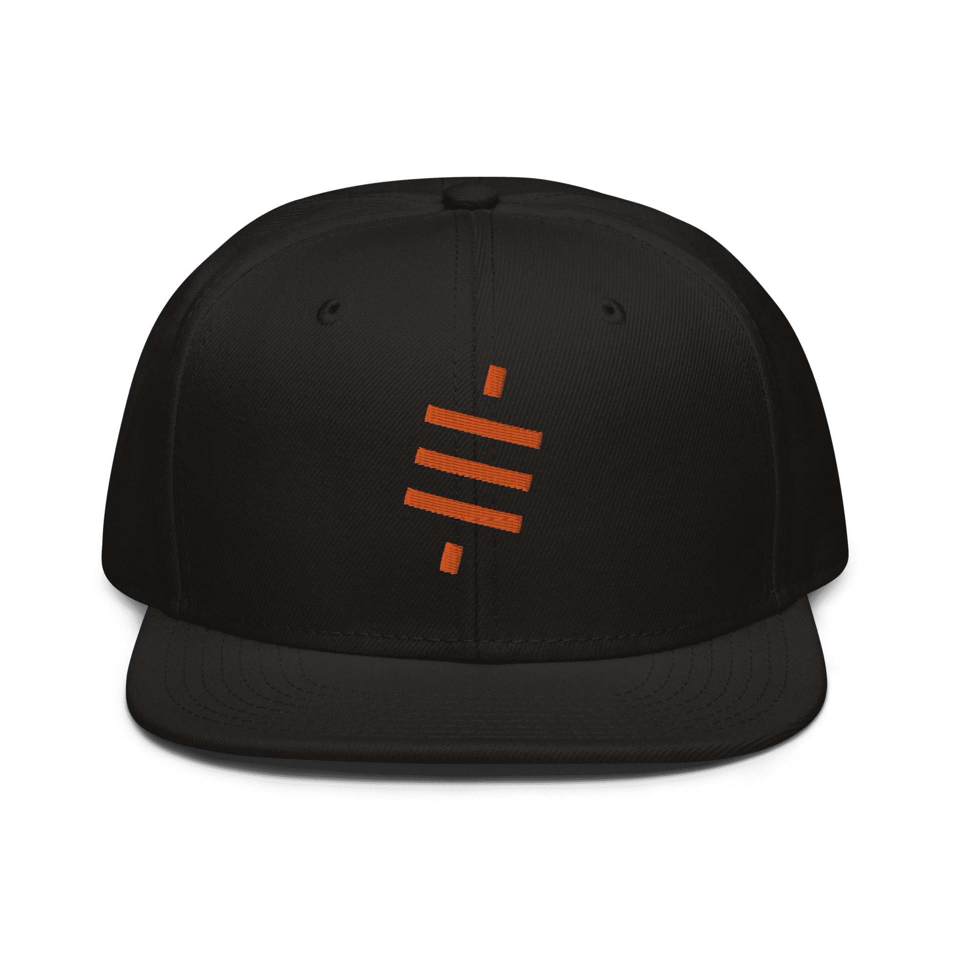 Front view of a black bitcoin snapback hat.
