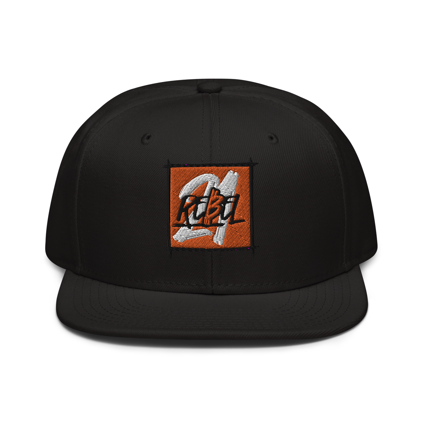 Front view of a black bitcoin snapback hat.