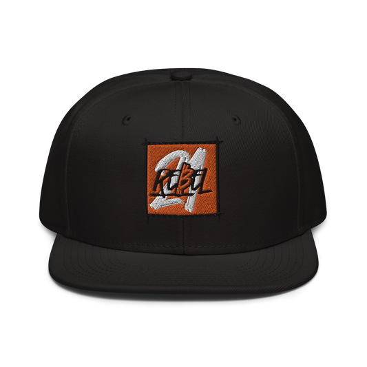 Front view of a black bitcoin snapback hat.