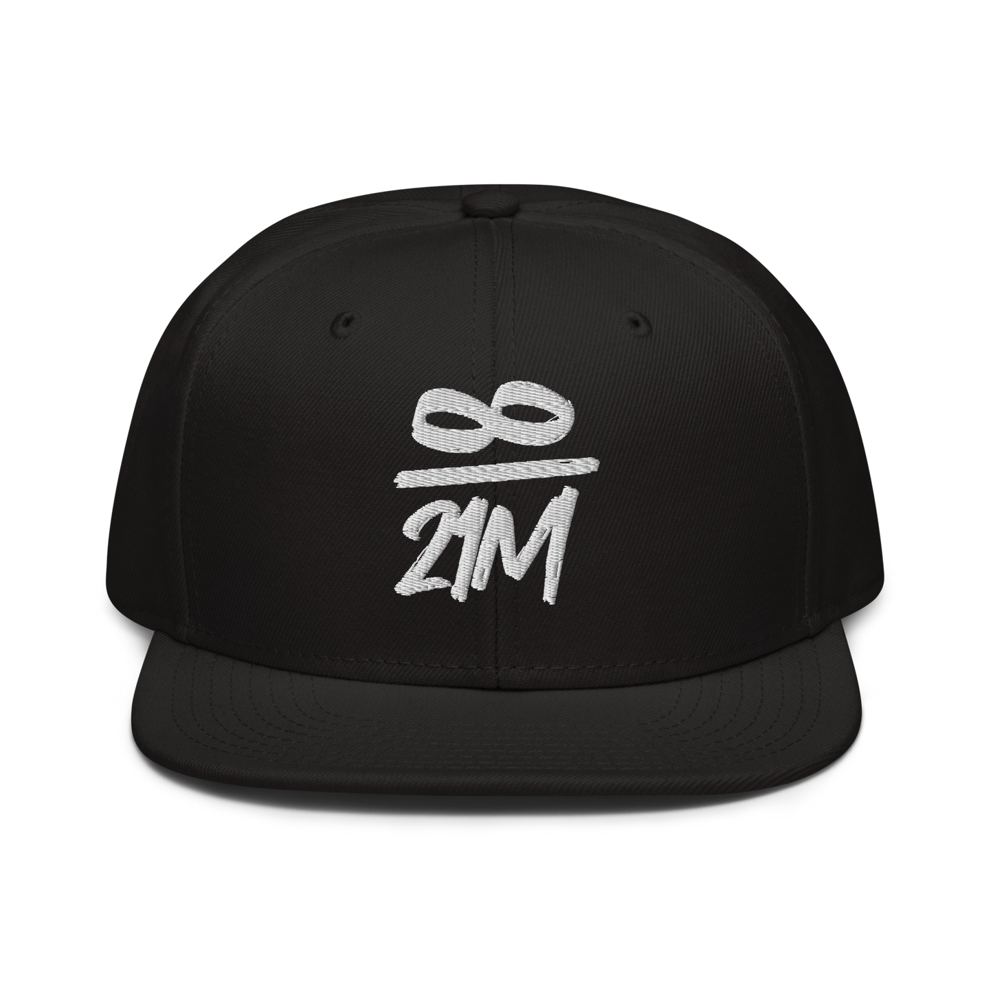 Front view of a black bitcoin snapback hat.