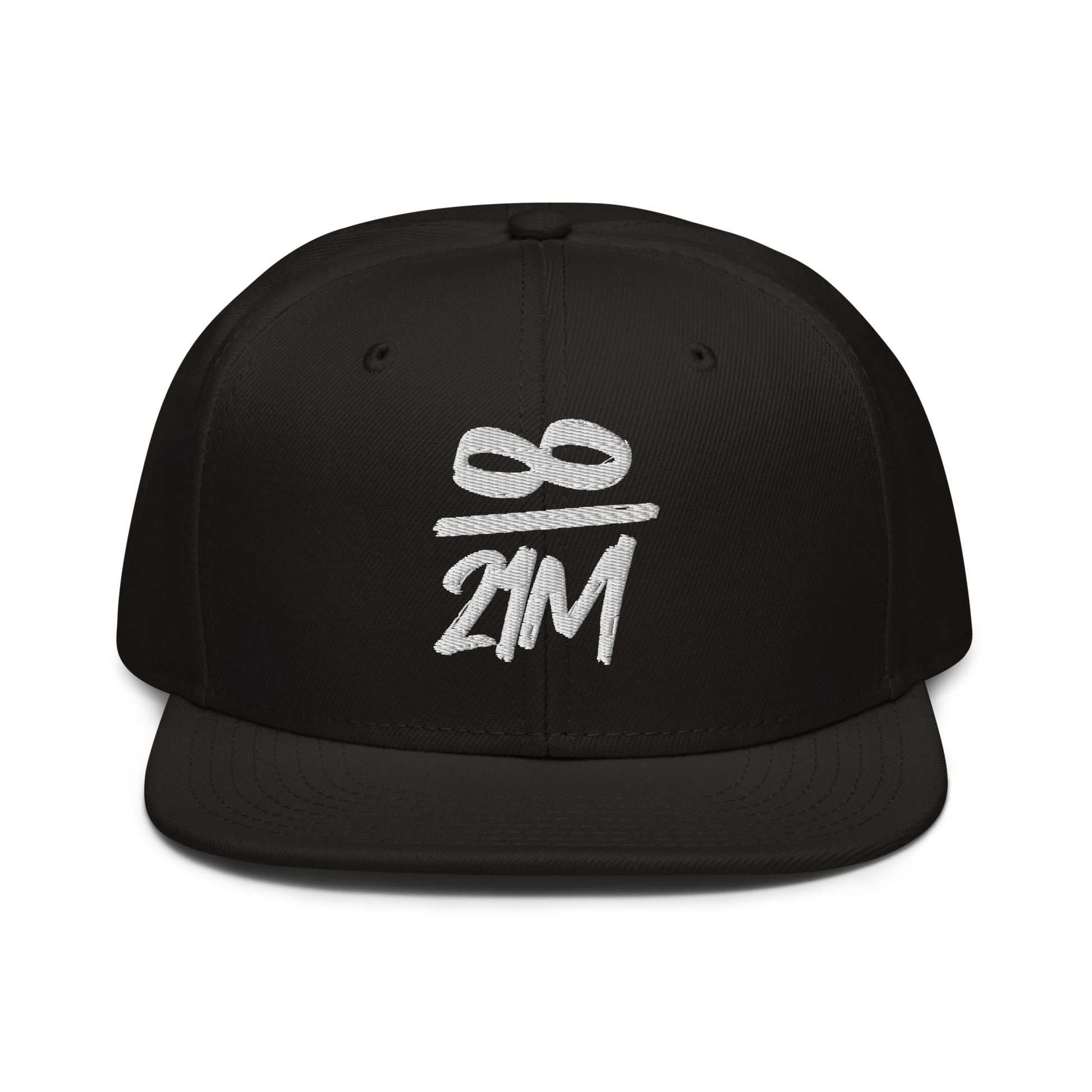 Front view of a black bitcoin snapback hat.