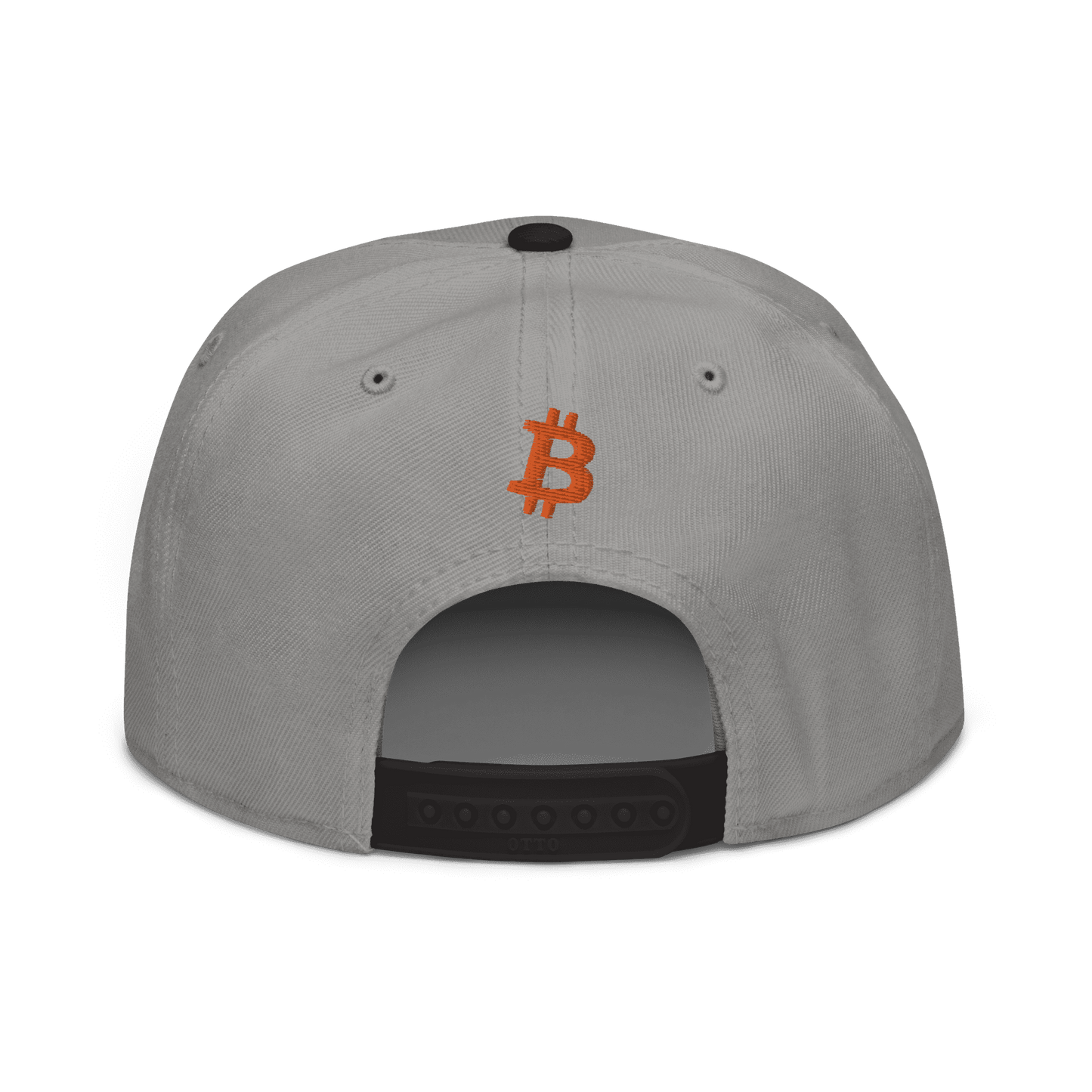 Back view of a grey and black bitcoin snapback hat.