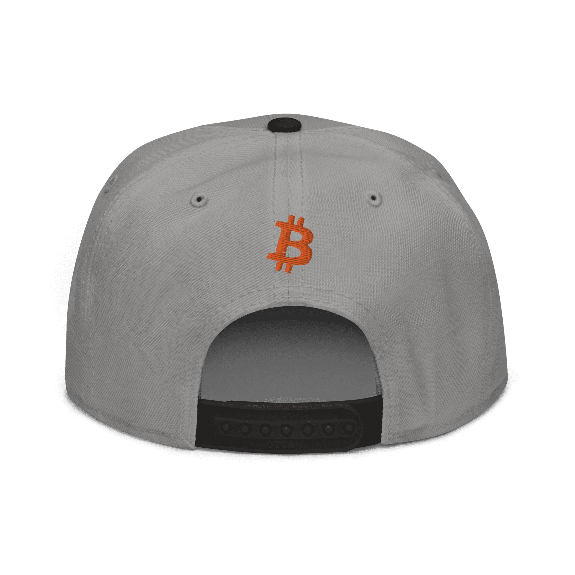 Back view of a grey and black bitcoin snapback hat.