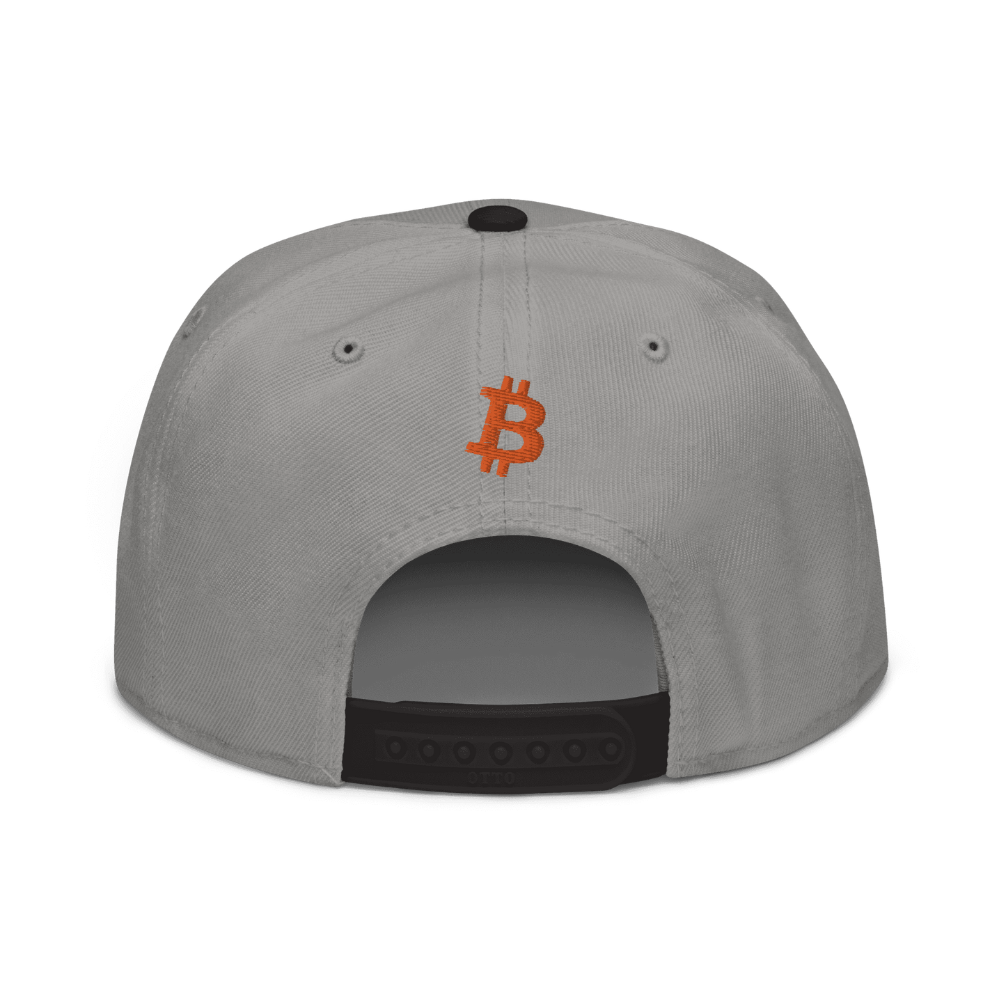 Back view of a grey and black bitcoin snapback hat.