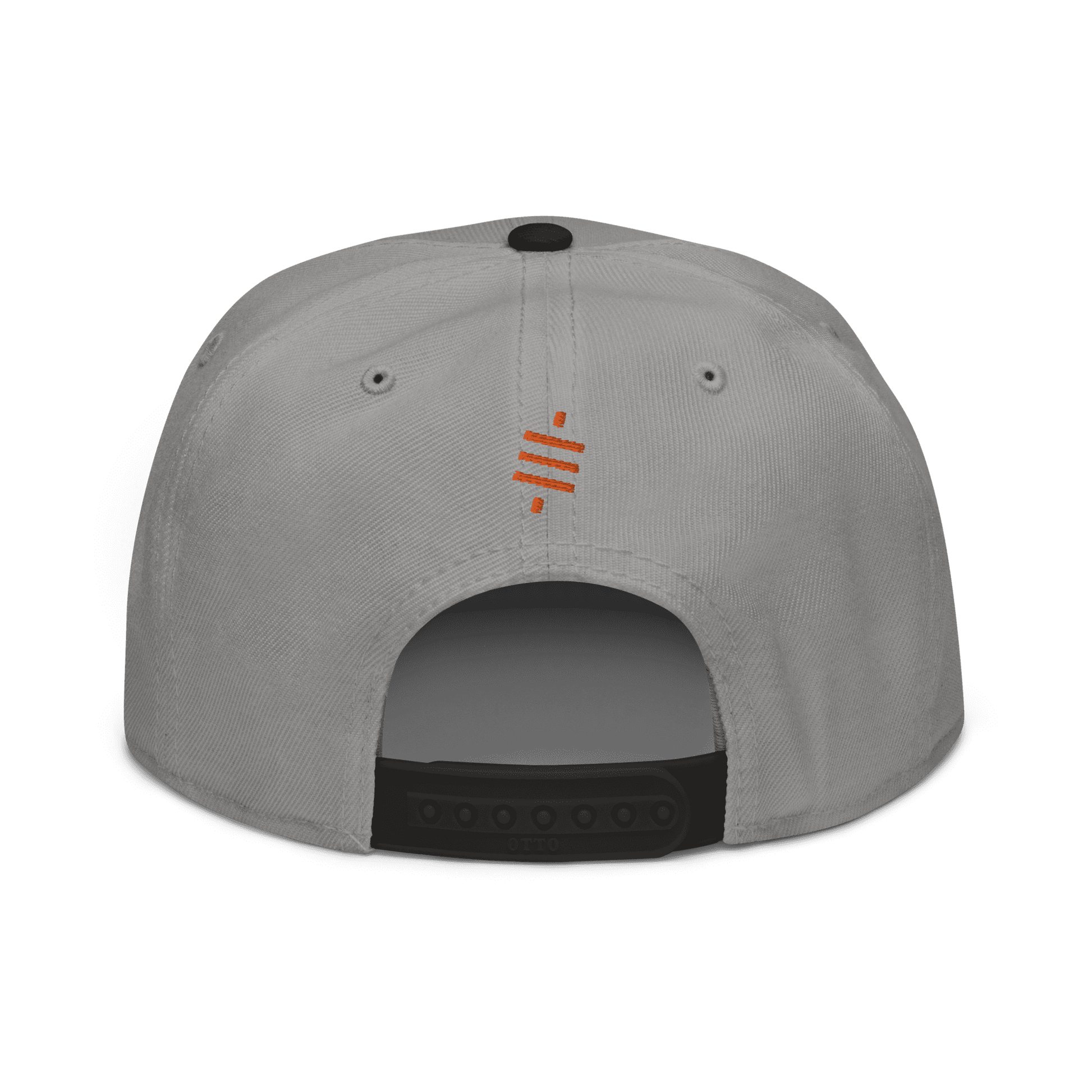 Back view of a grey and black bitcoin snapback hat.