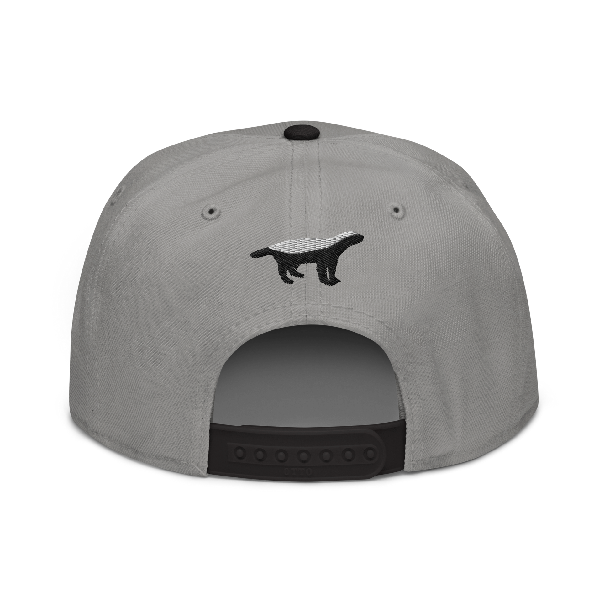 Back view of a grey and black bitcoin snapback hat.