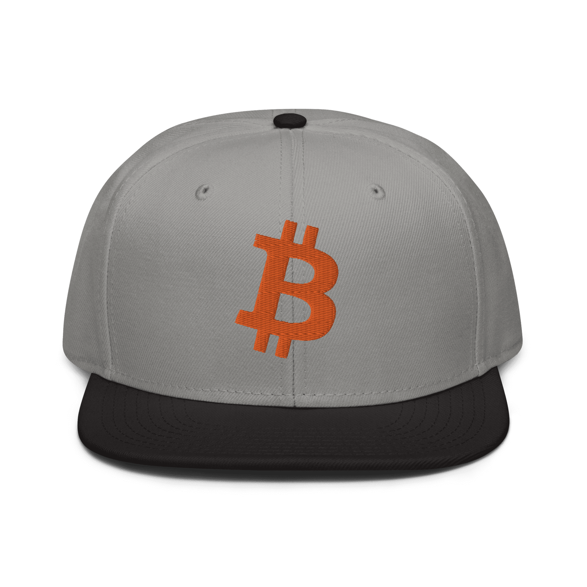 Front view of a grey and black bitcoin snapback hat.
