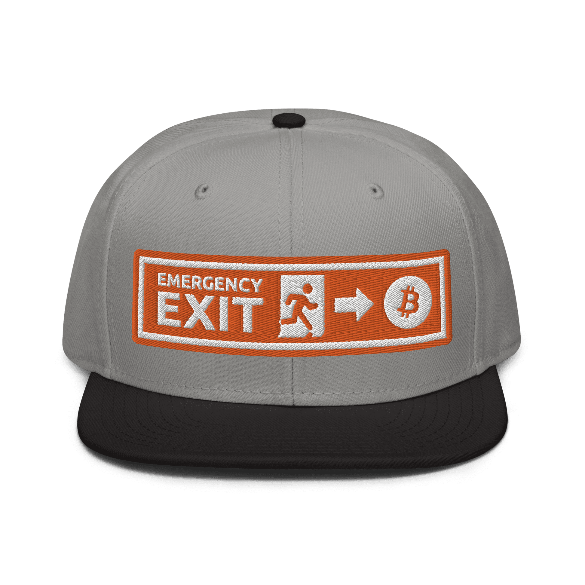 Front view of a grey and black bitcoin snapback hat.