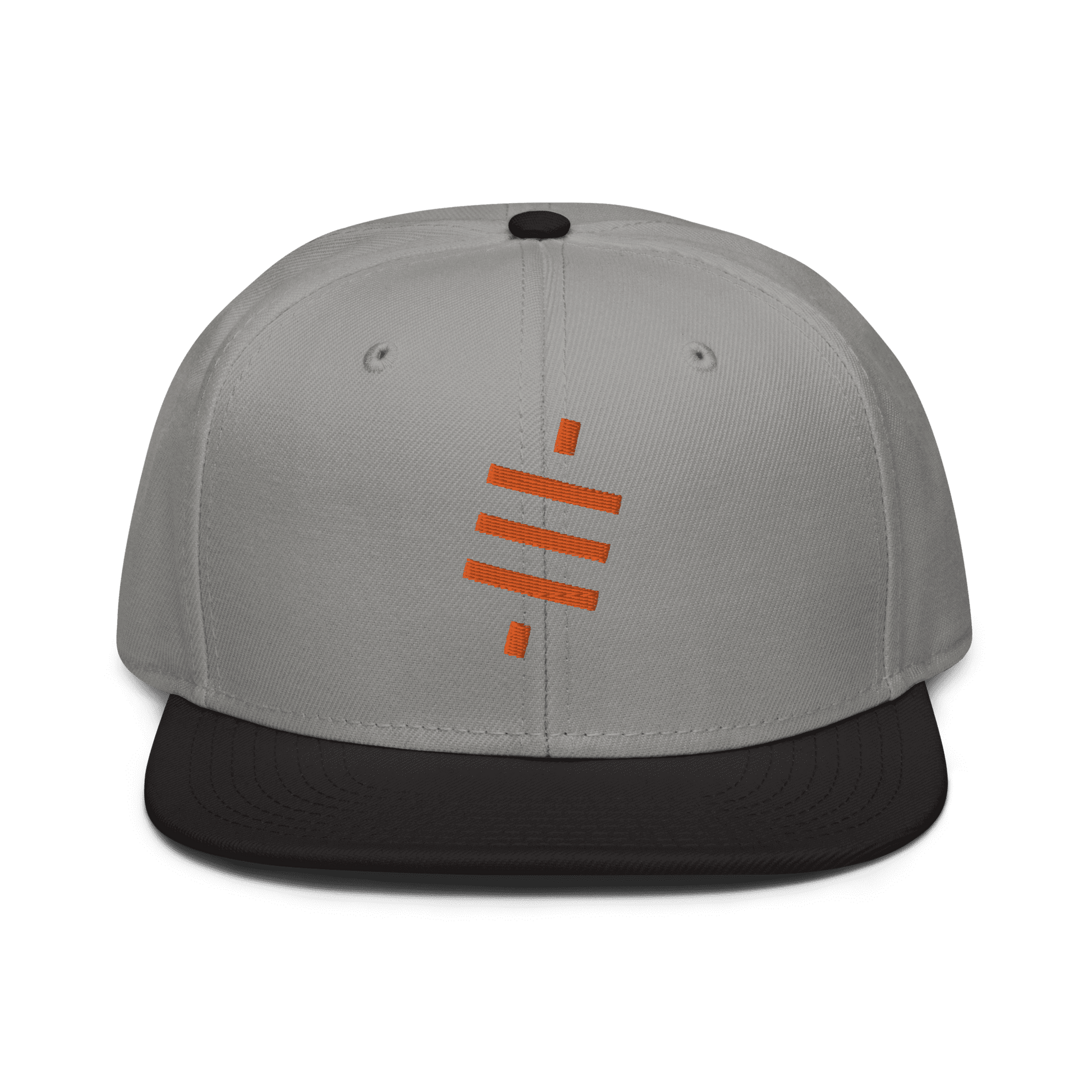 Front view of a grey and black bitcoin snapback hat.