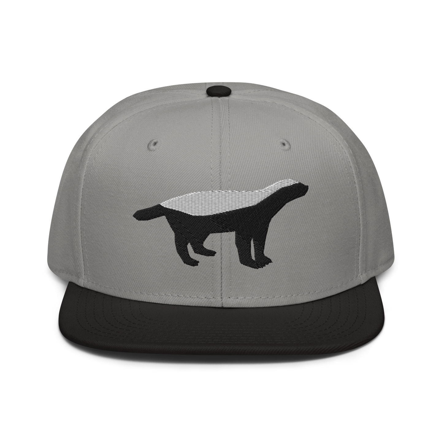Front view of a grey and black bitcoin snapback hat.