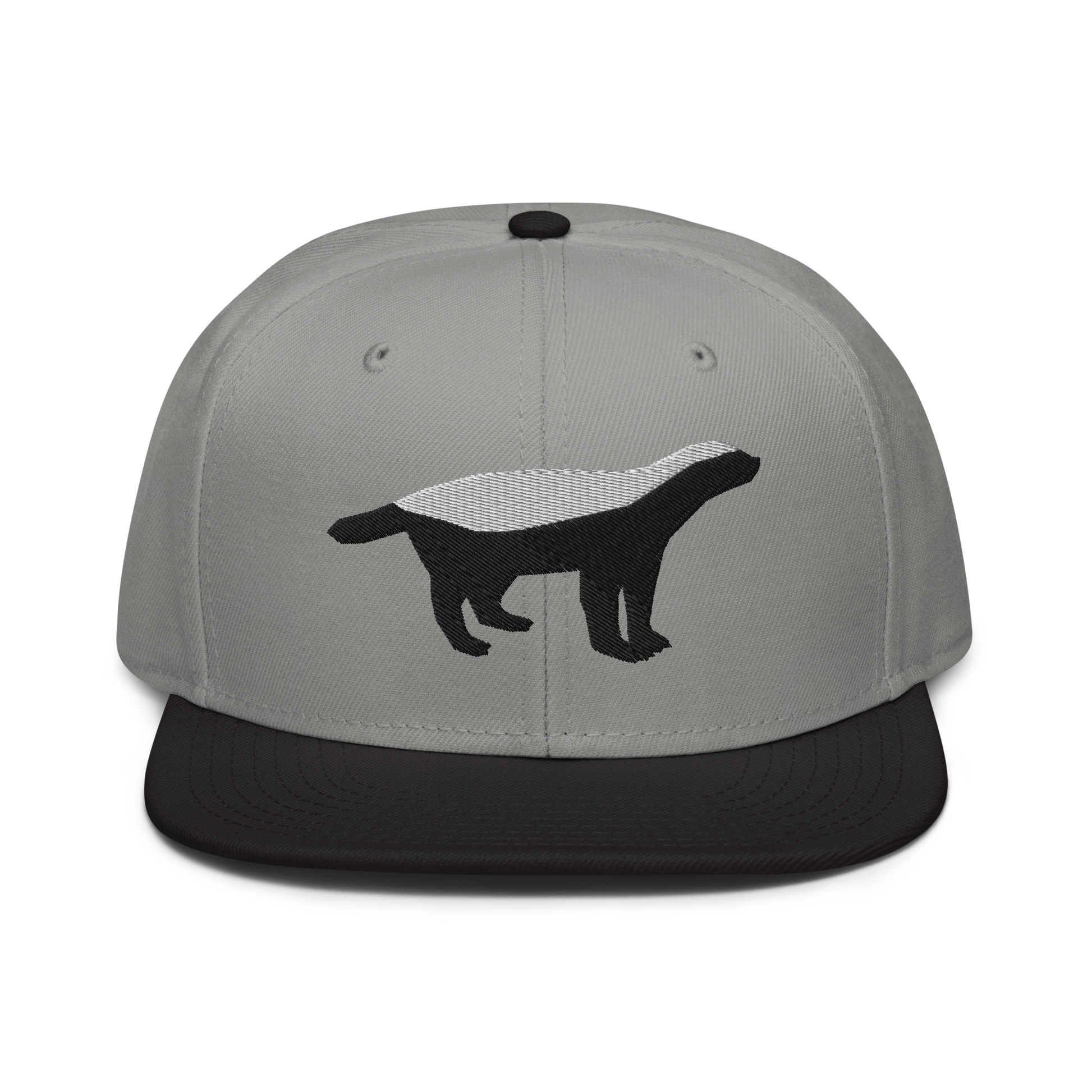 Front view of a grey and black bitcoin snapback hat.