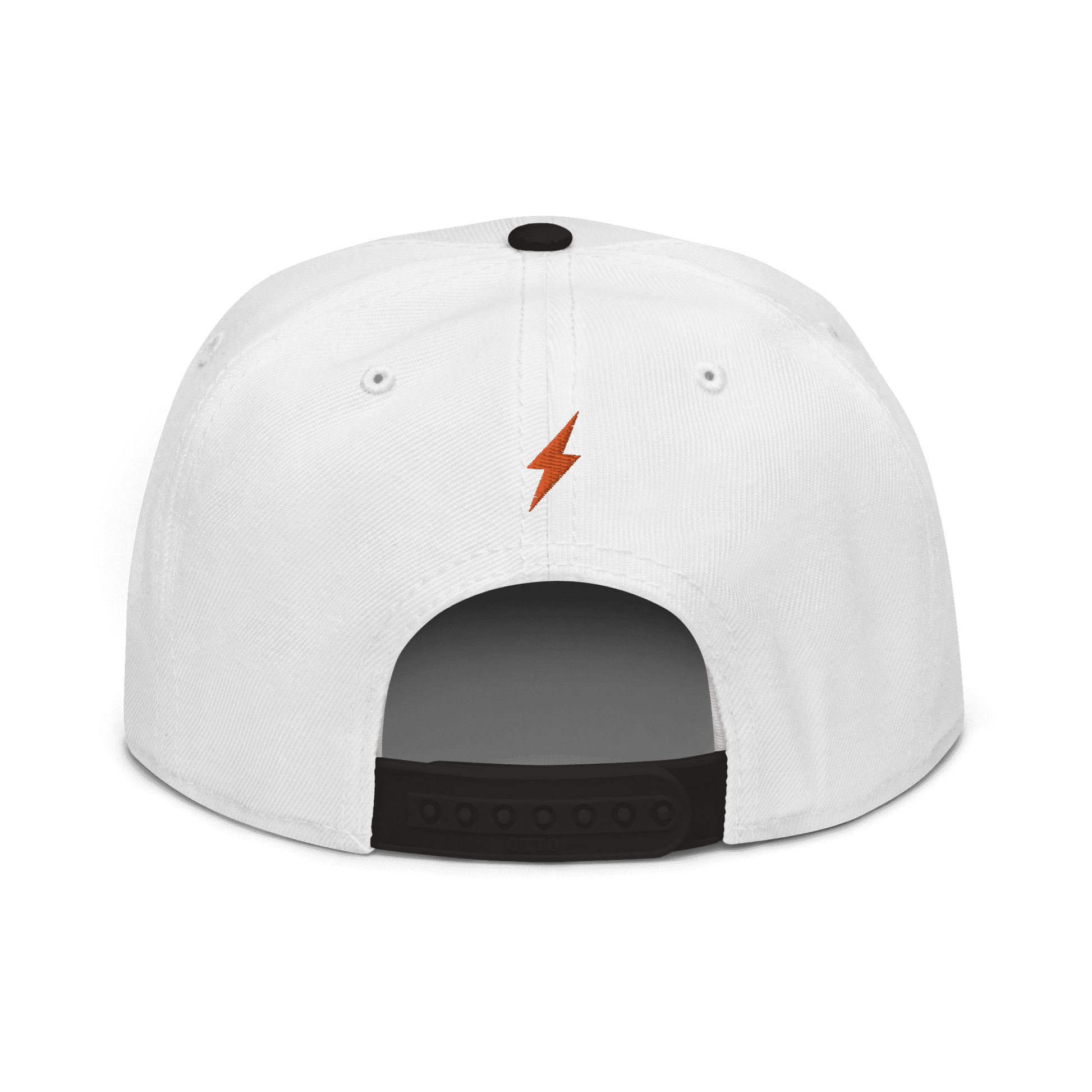 Back view of a white and black bitcoin snapback hat.