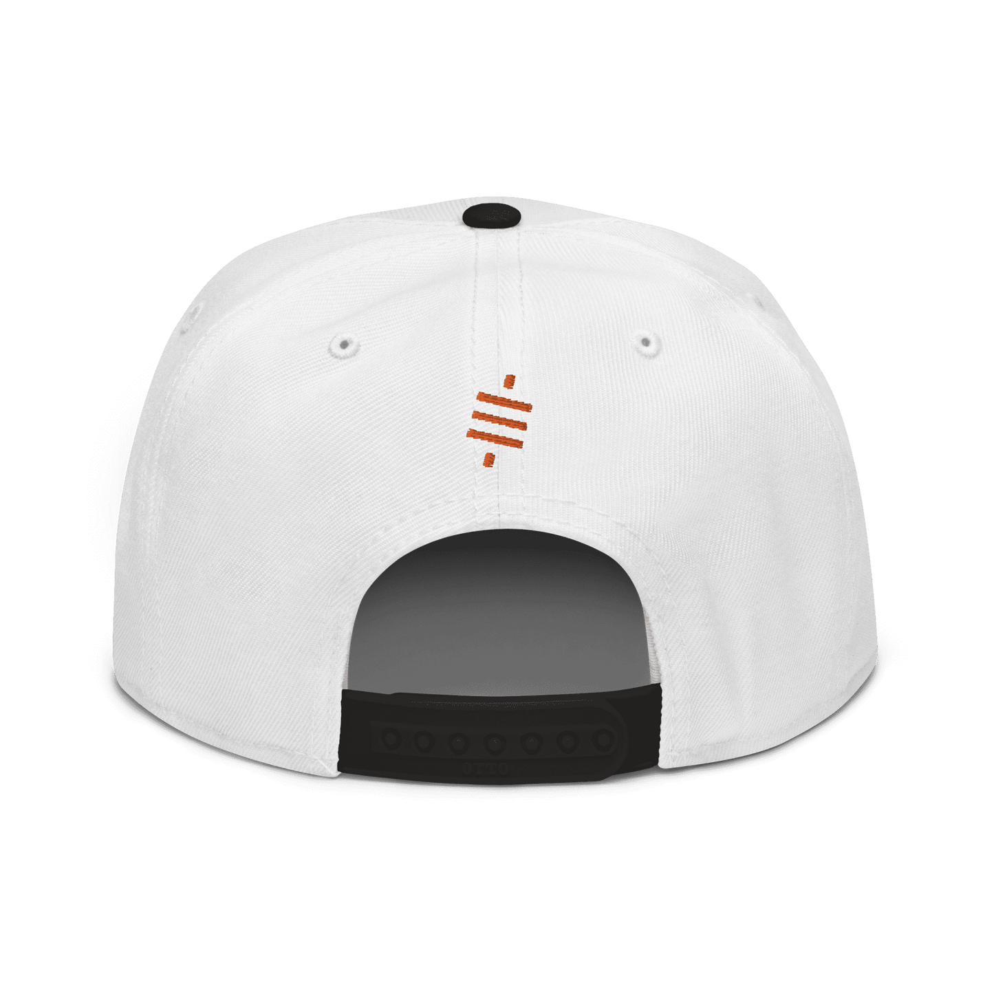 Back view of a white and black bitcoin snapback hat.