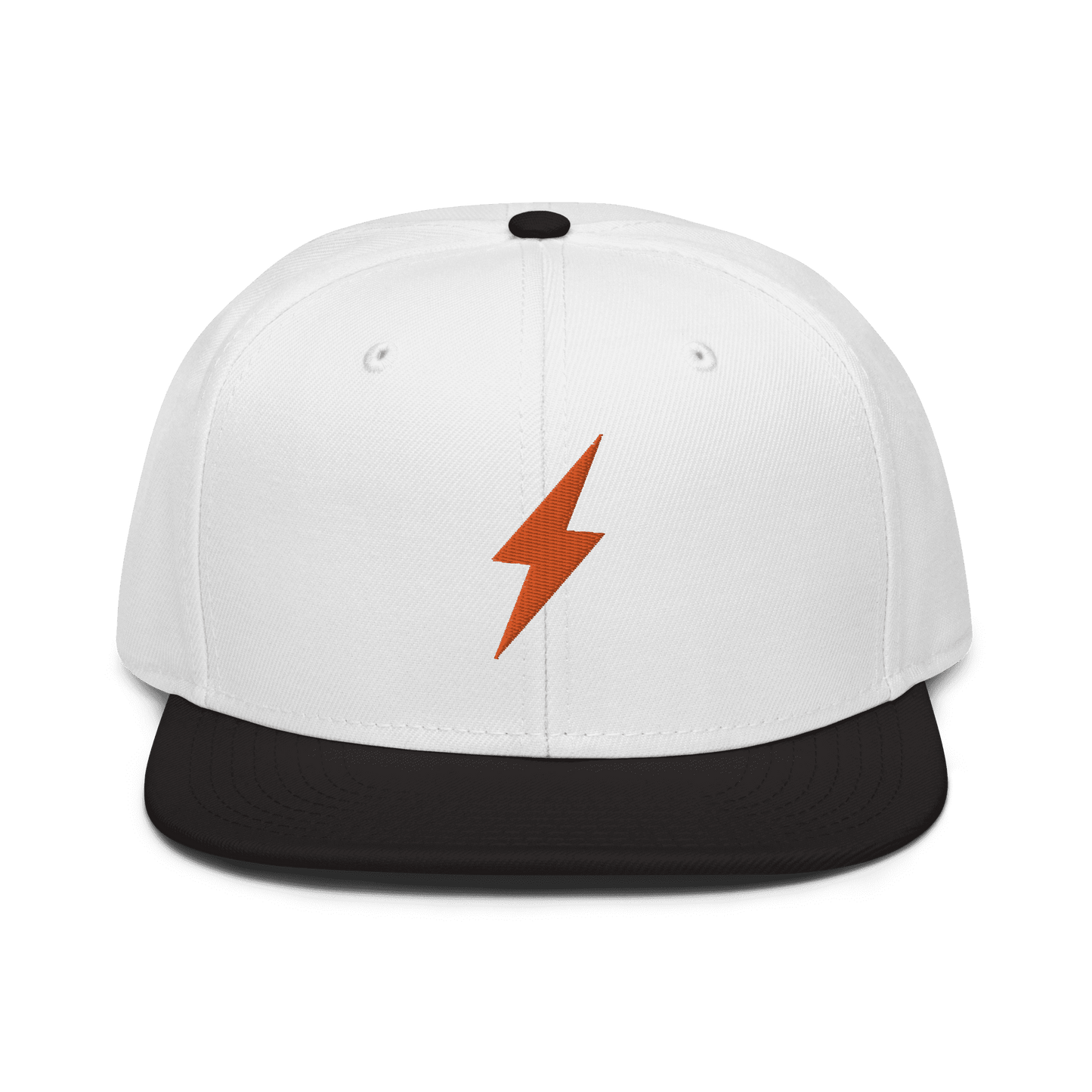 Front view of a white and black bitcoin snapback hat.