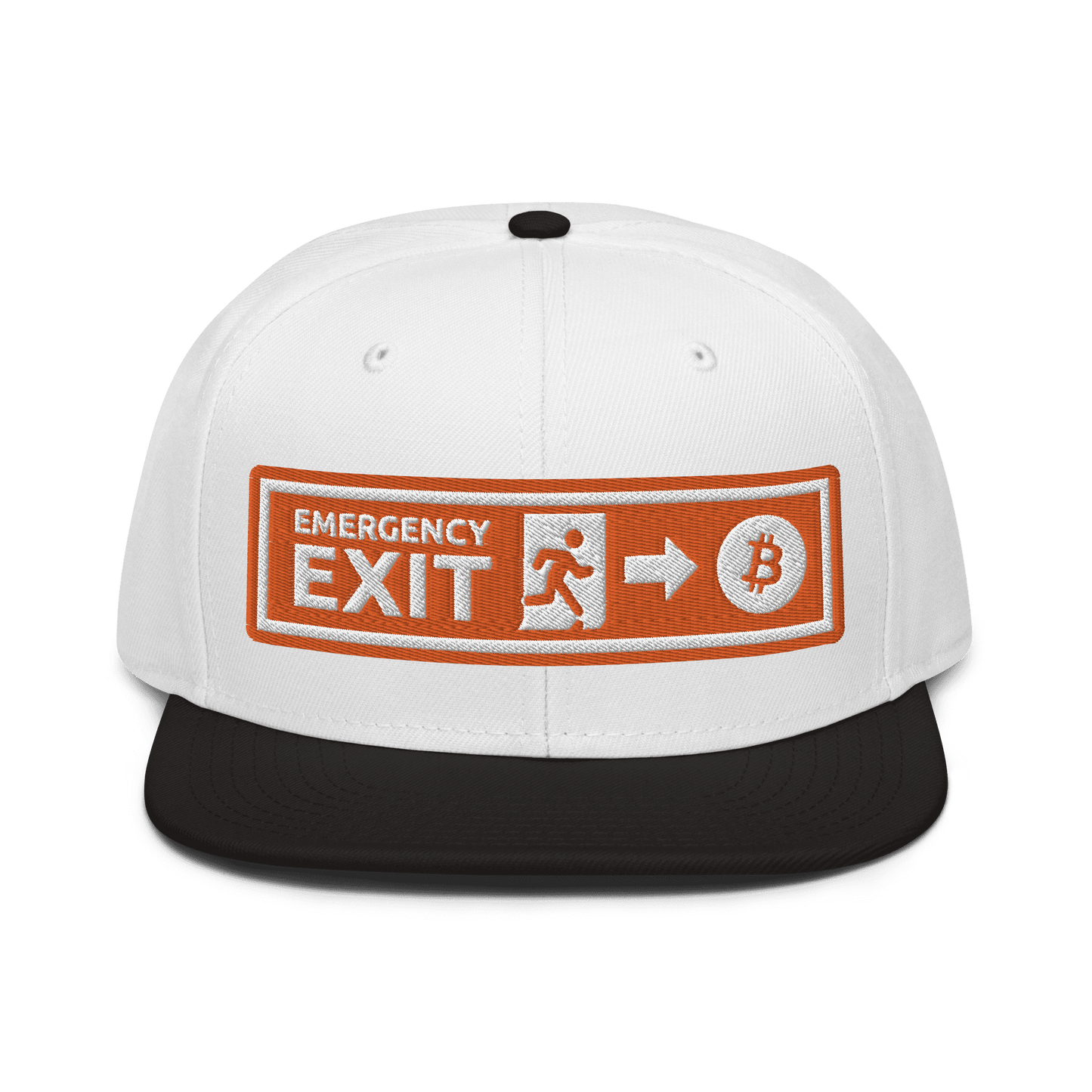 Front view of a white and black bitcoin snapback hat.