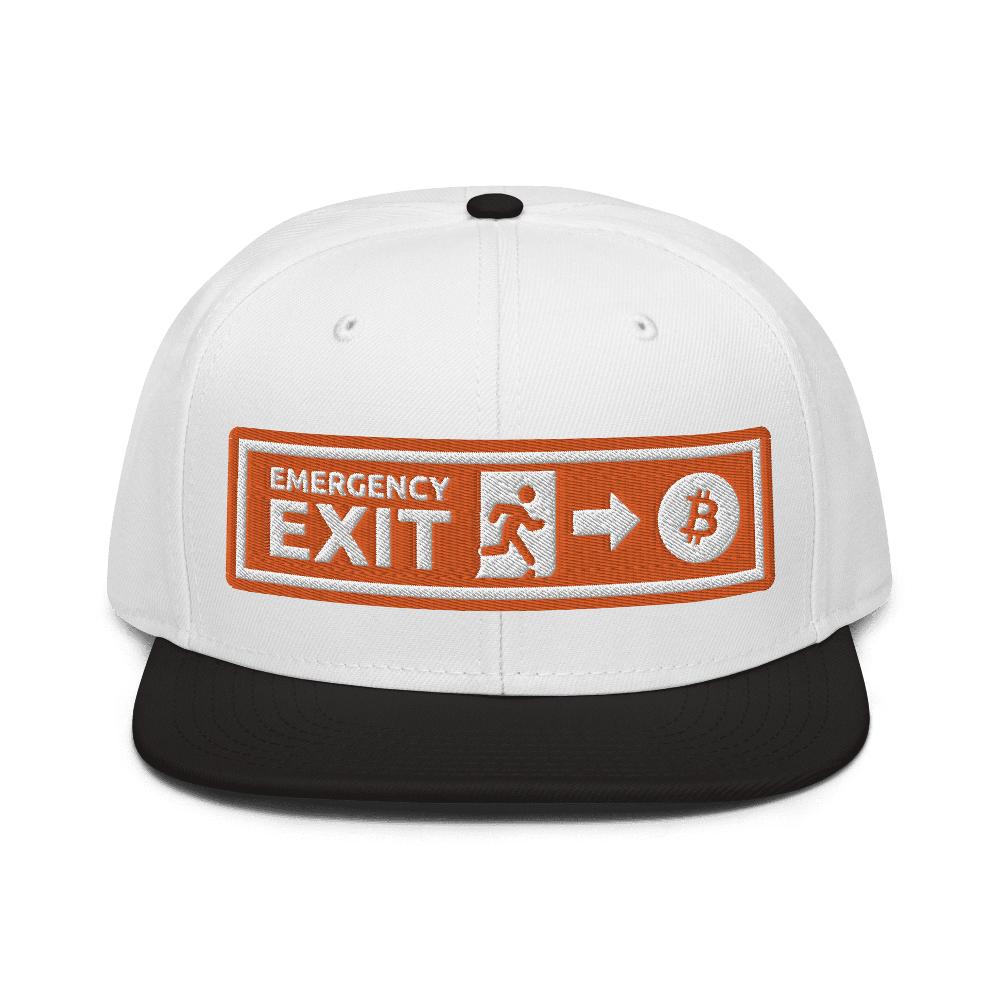 Front view of a white and black bitcoin snapback hat.